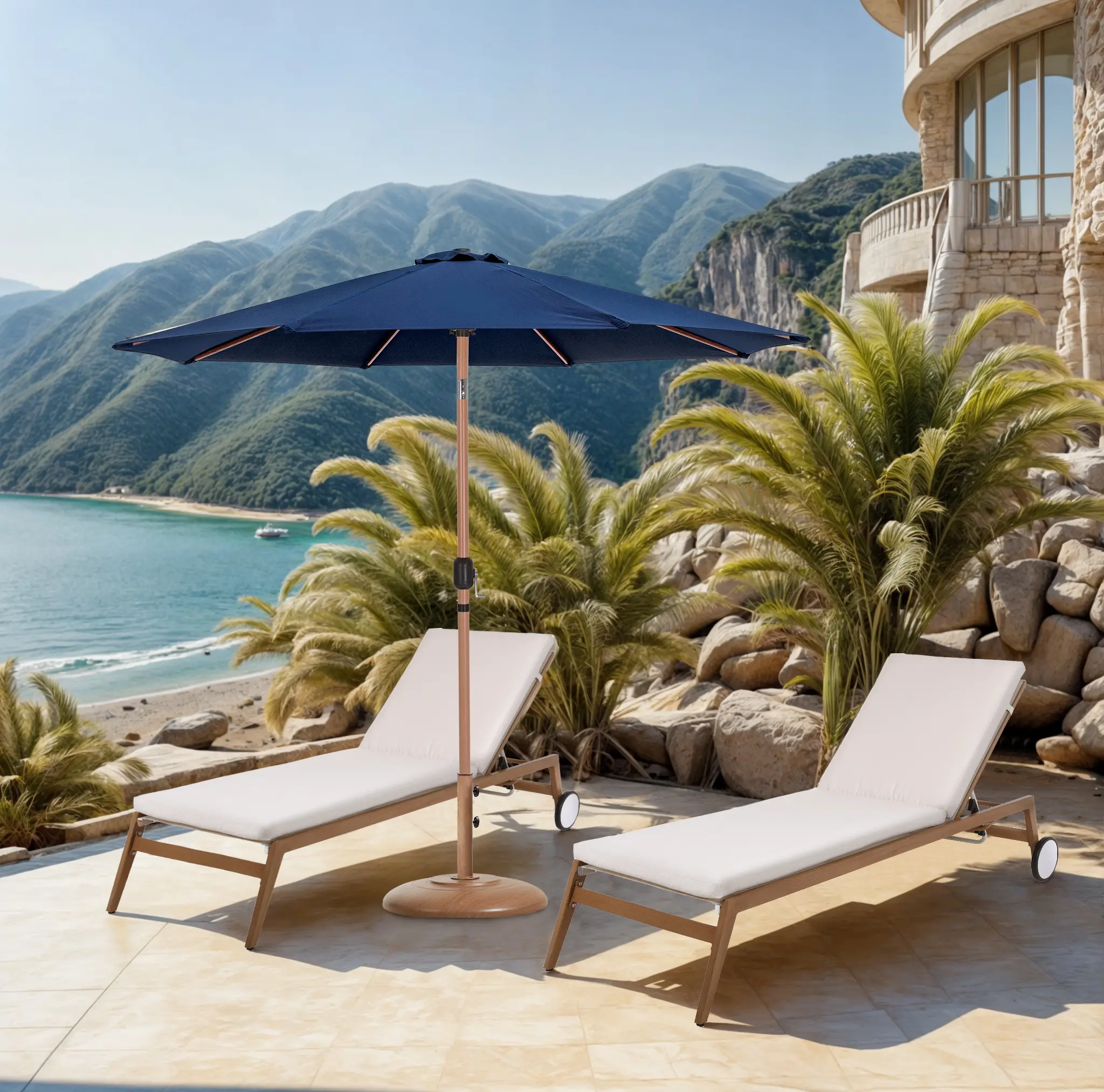 55014NAVY-BT Fiji Navy Patio Umbrella with Teak Aluminum Base Set-2