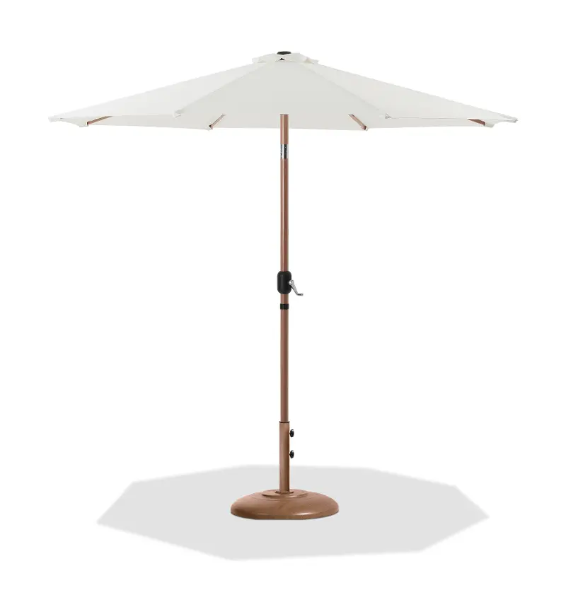 Fiji White Patio Umbrella with Teak Aluminum Base Set