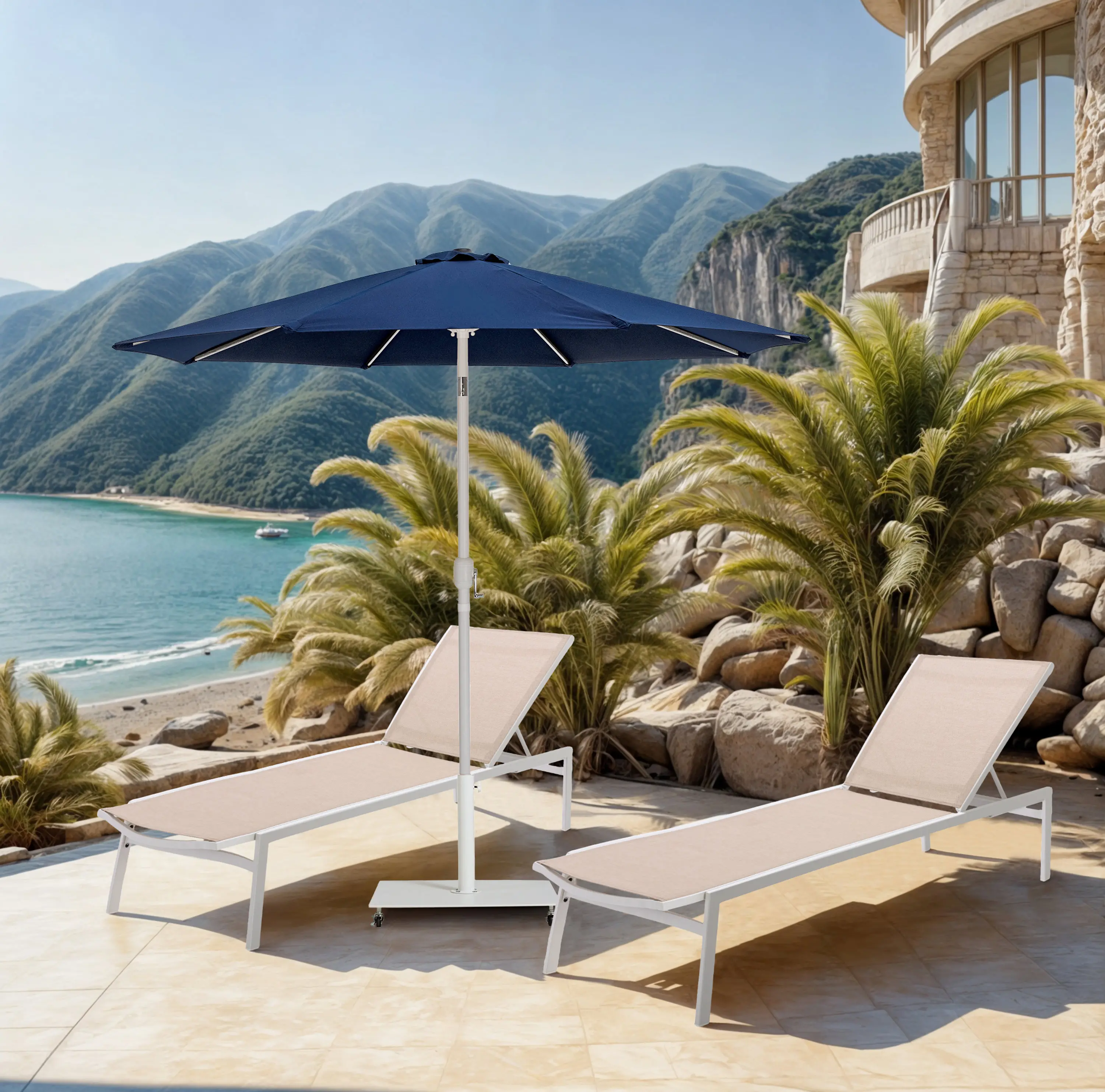 Fiji Navy Patio Umbrella with White Aluminum Base Set-2