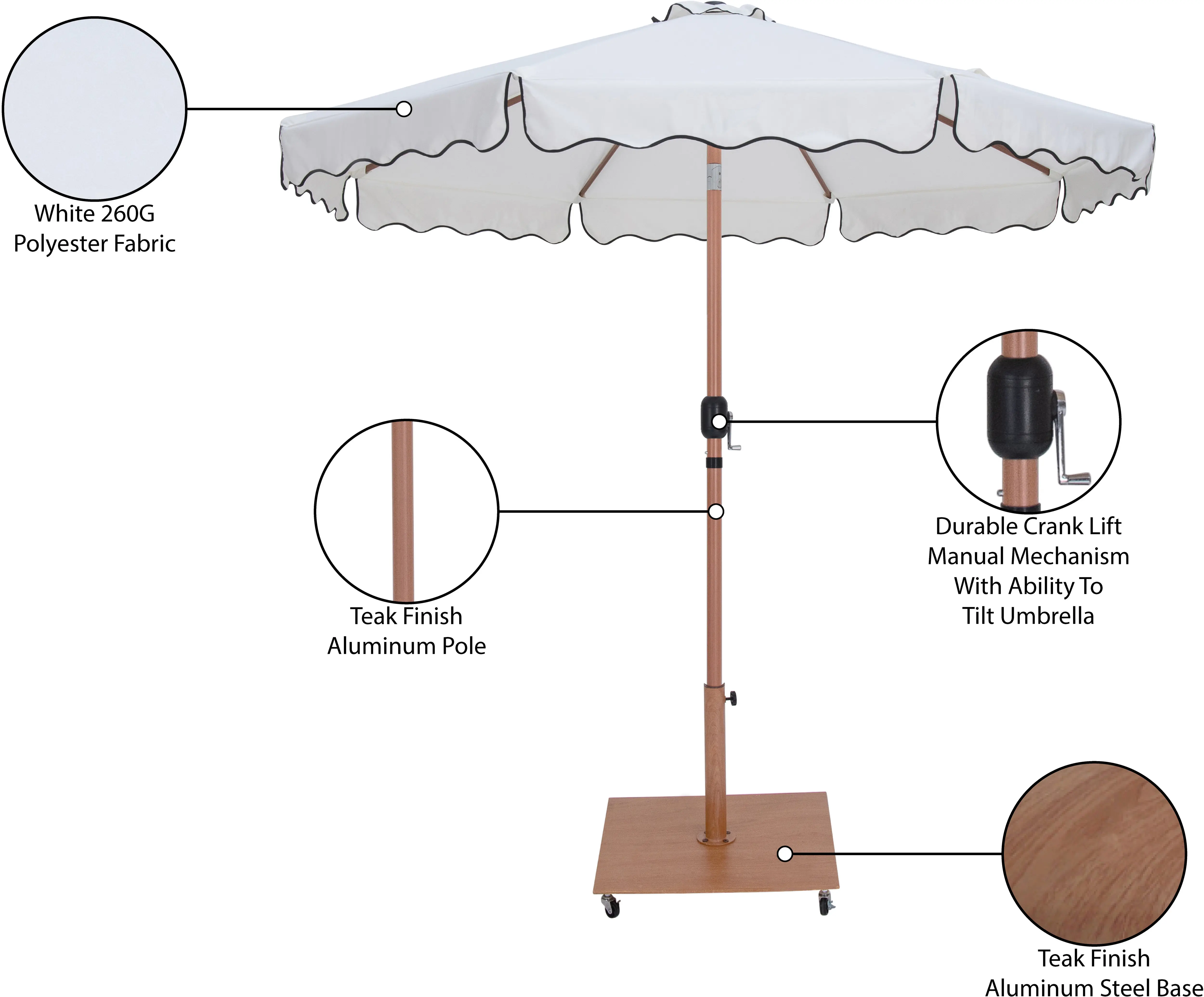 Amalfi White Patio Umbrella with Teak Aluminum Base Set-13