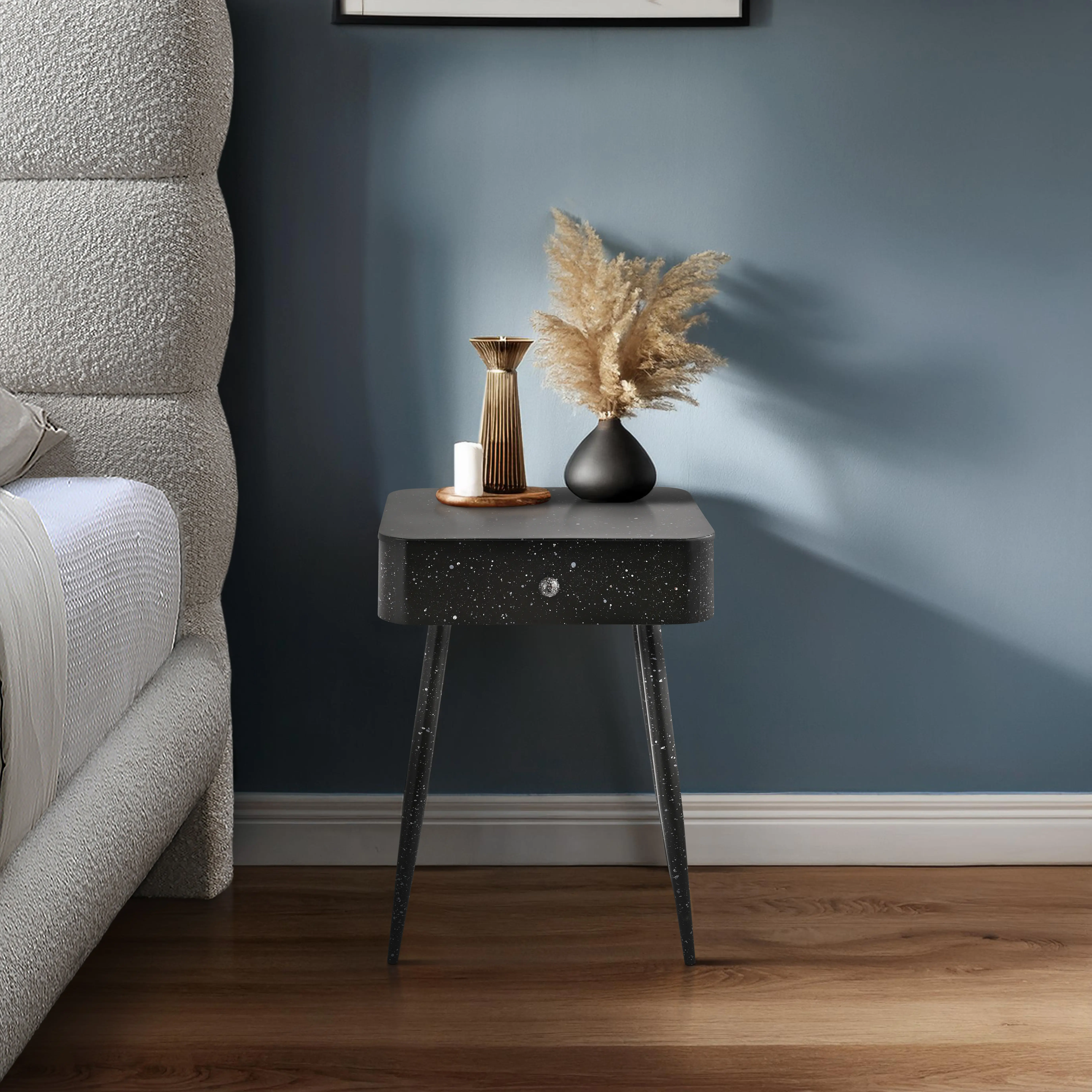 Rylan Black Terrazzo Iron Nightstand-1