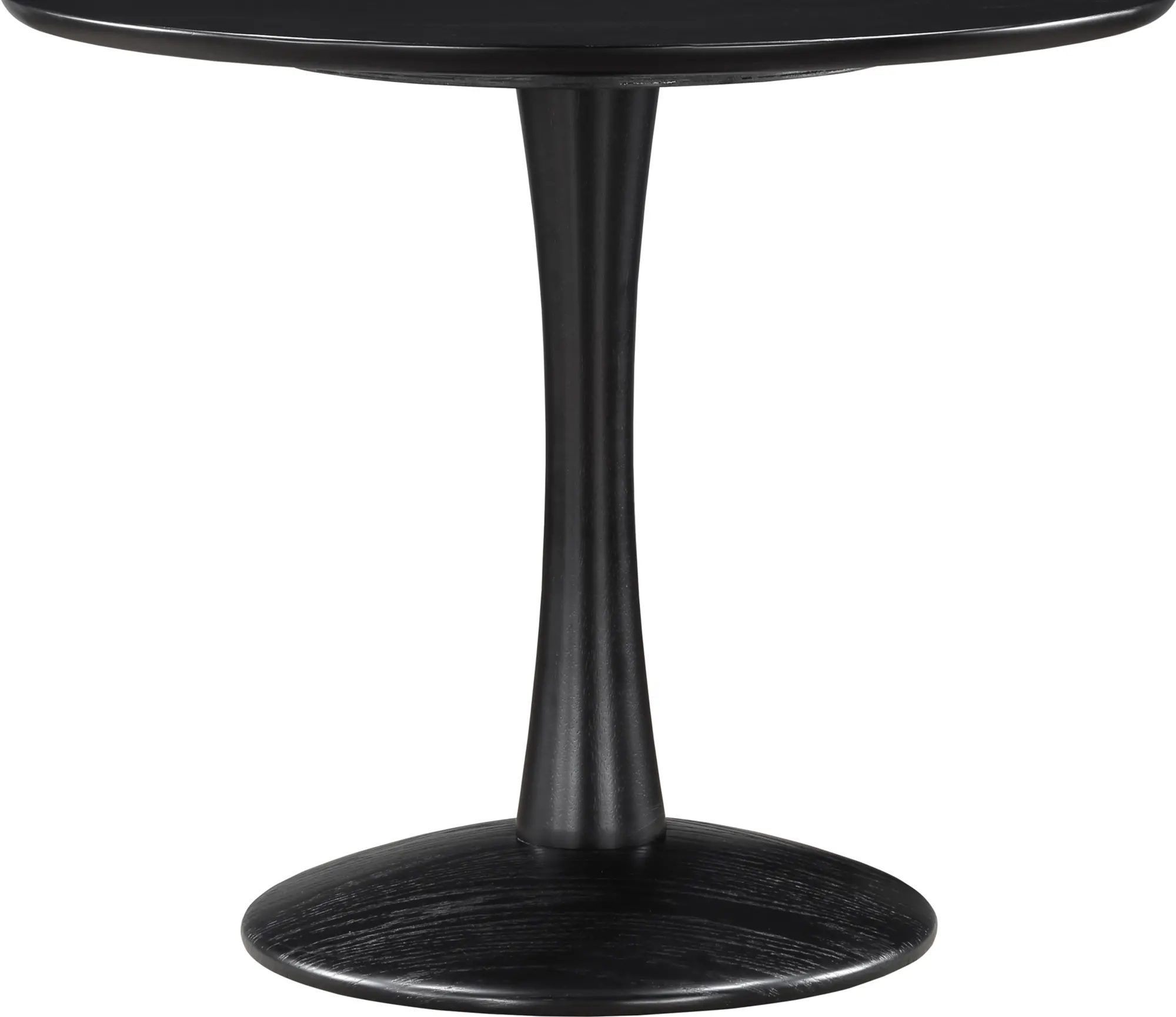 Close-up of the underside of a black round table showing the pedestal mounting