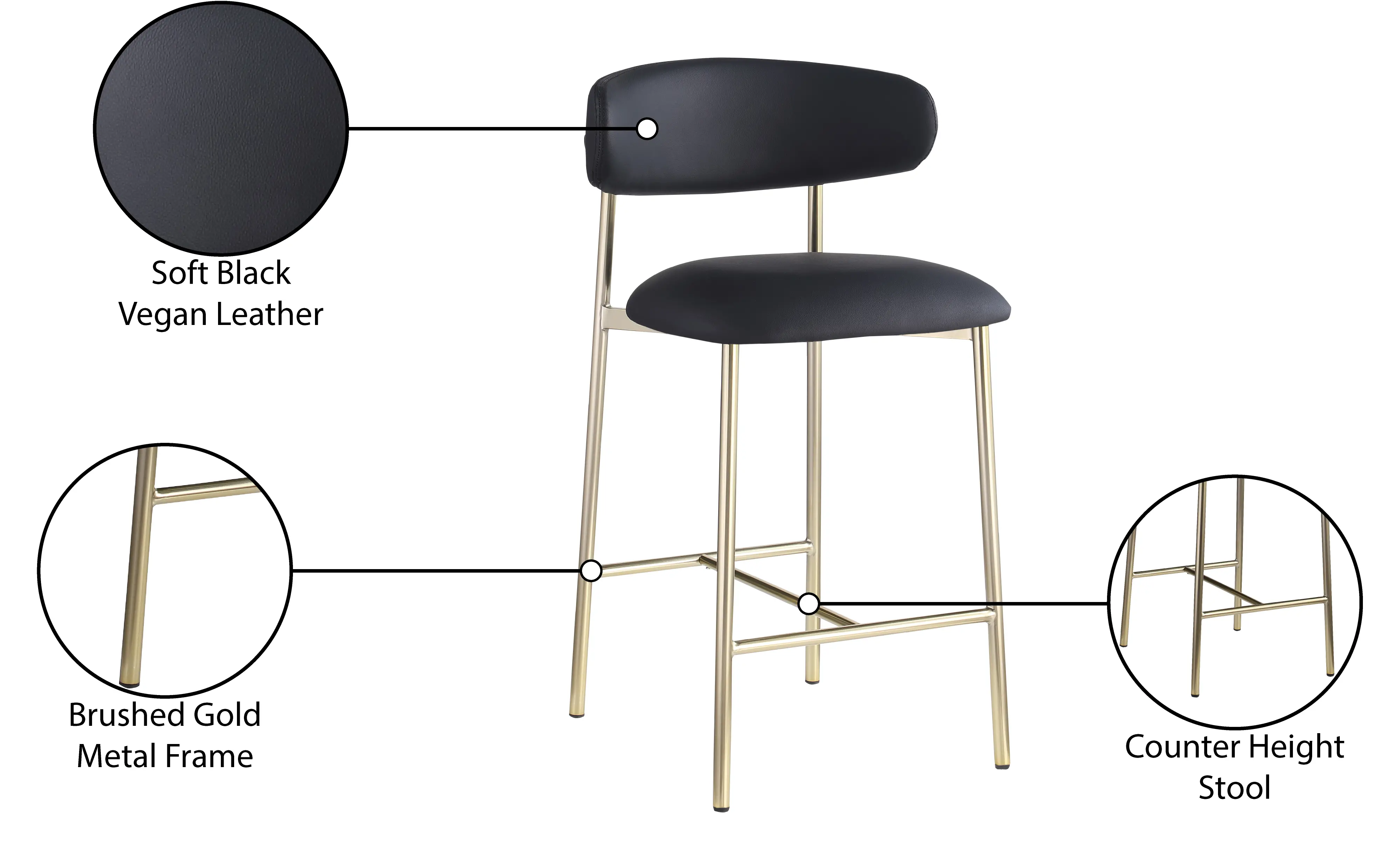Lupita Black Vegan Leather Upholstered Counter Stool, Set of 2-9