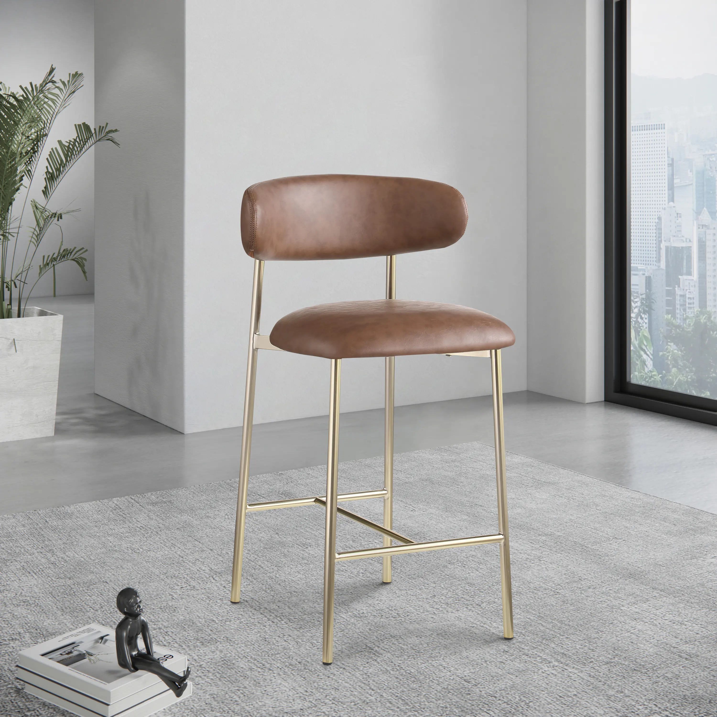 Lupita Brown Vegan Leather Upholstered Counter Stool, Set of 2-2