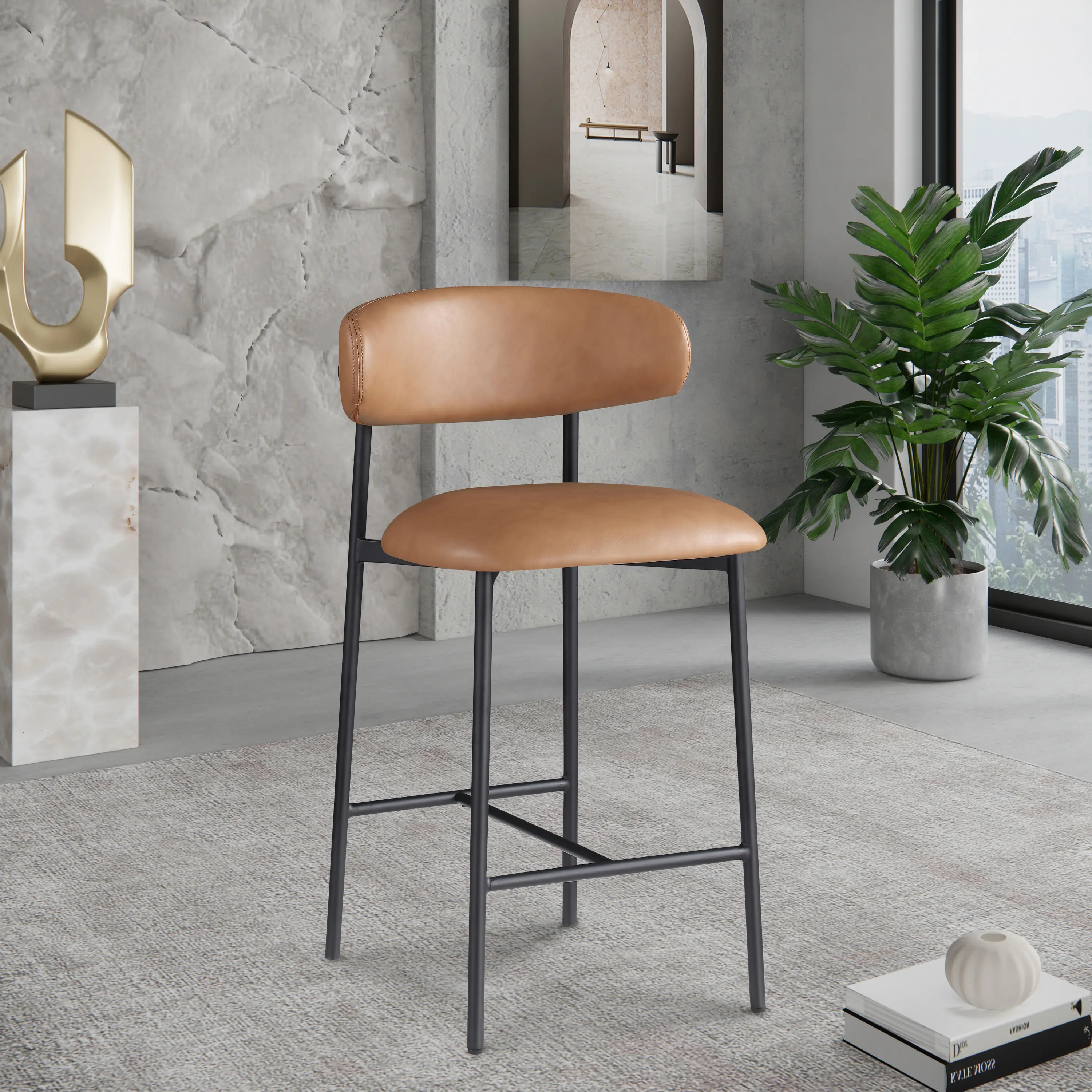 Lupita Cognac Vegan Leather Upholstered Counter Stool, Set of 2-2