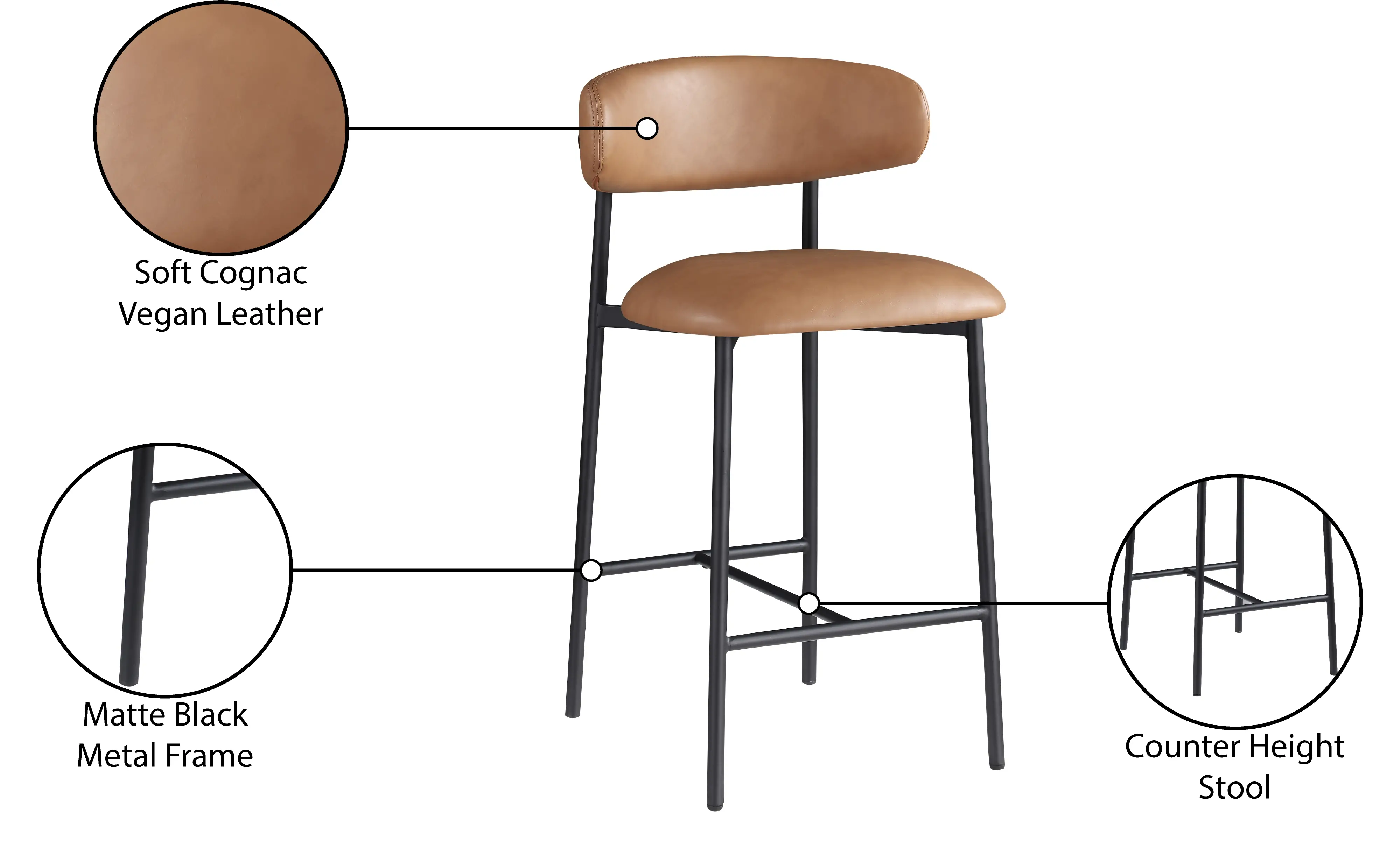 Lupita Cognac Vegan Leather Upholstered Counter Stool, Set of 2-9