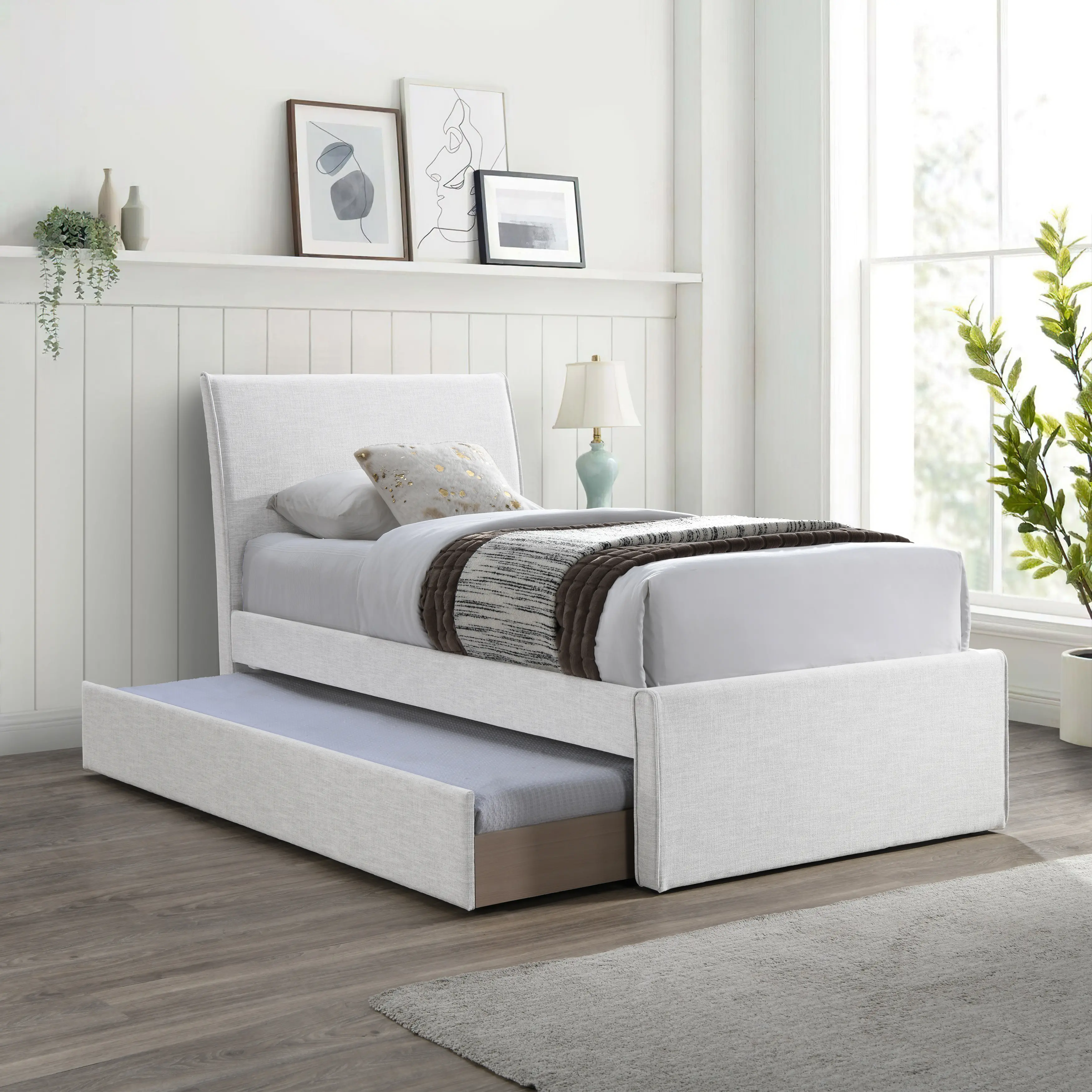 Myles Cream Textured Linen Twin Trundle Bed-2