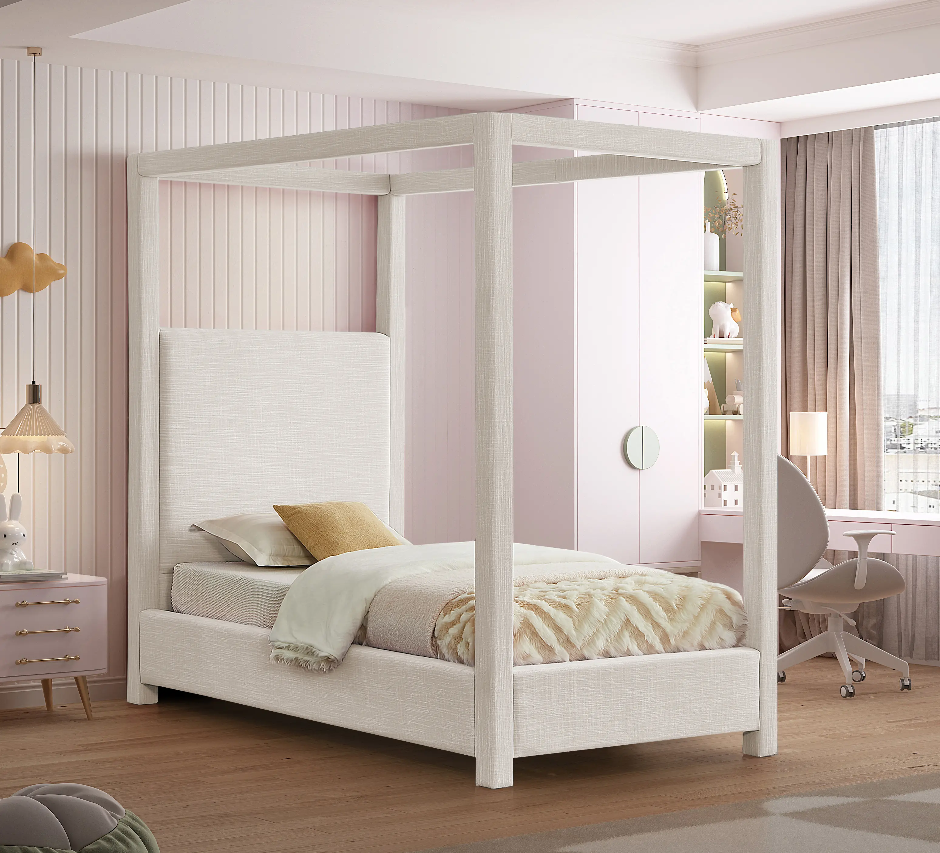Emerson Cream Textured Linen Twin Canopy Bed-2