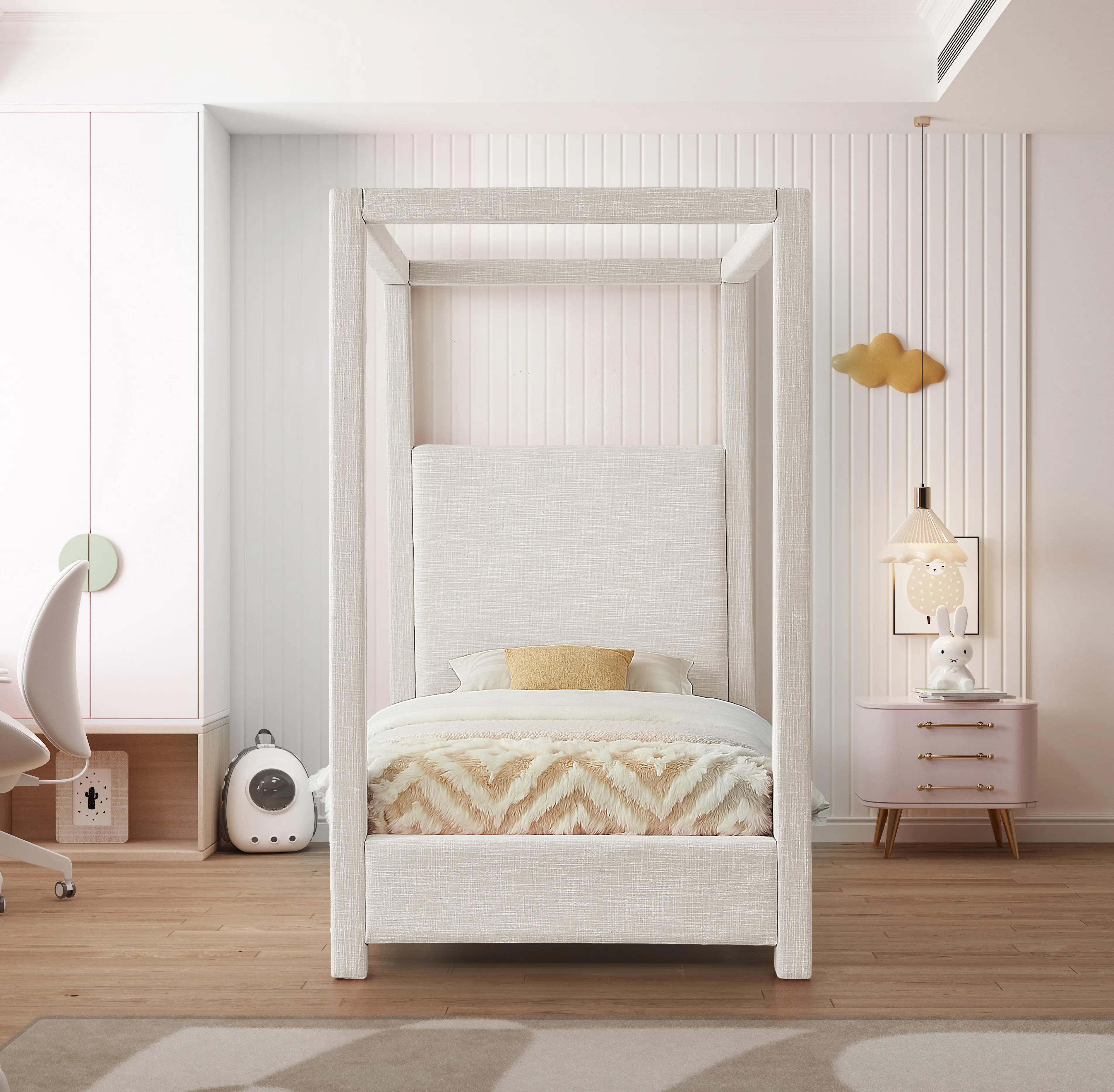 Emerson Cream Textured Linen Twin Canopy Bed-3