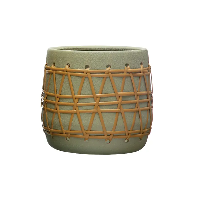 Green Stoneware Planter with Weaving