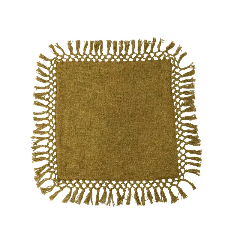 Gold Cotton Slub Pillow with Fringe