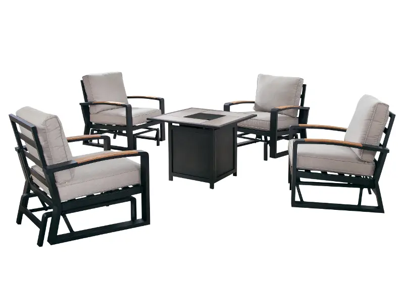 Bruges 5 Piece Gray Gliding Lounge Chair and Firepit Chat Set