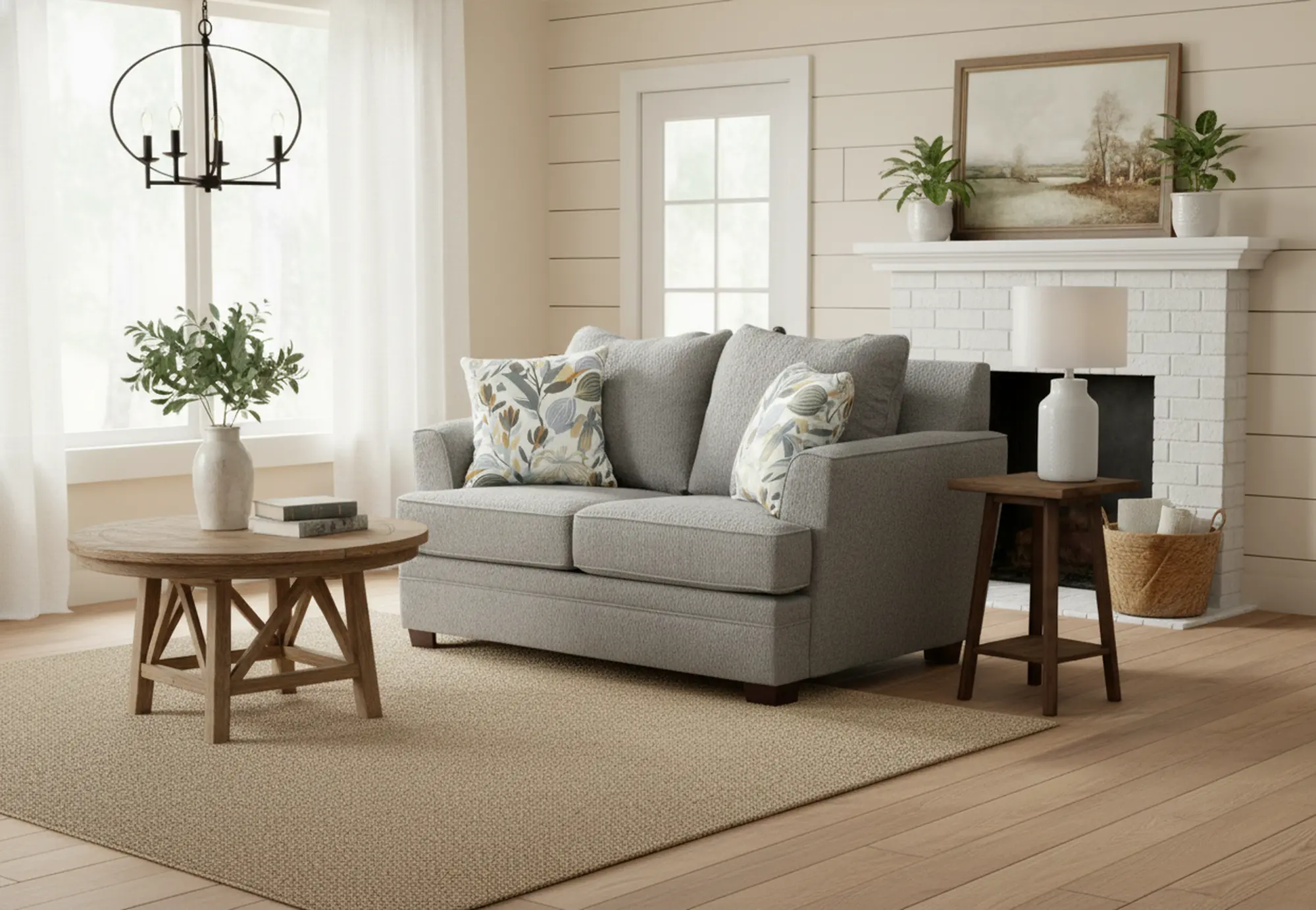 Wide shot of a living room setup with a large sofa set and coffee table