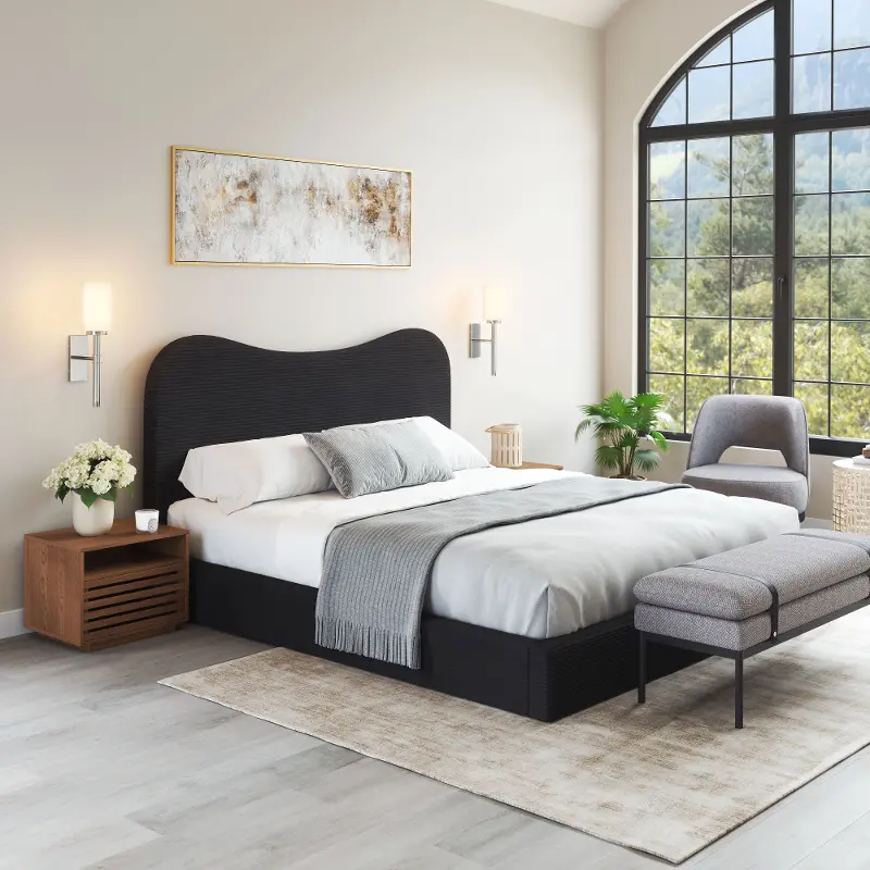 Selene Black Wave Upholstered King Bed