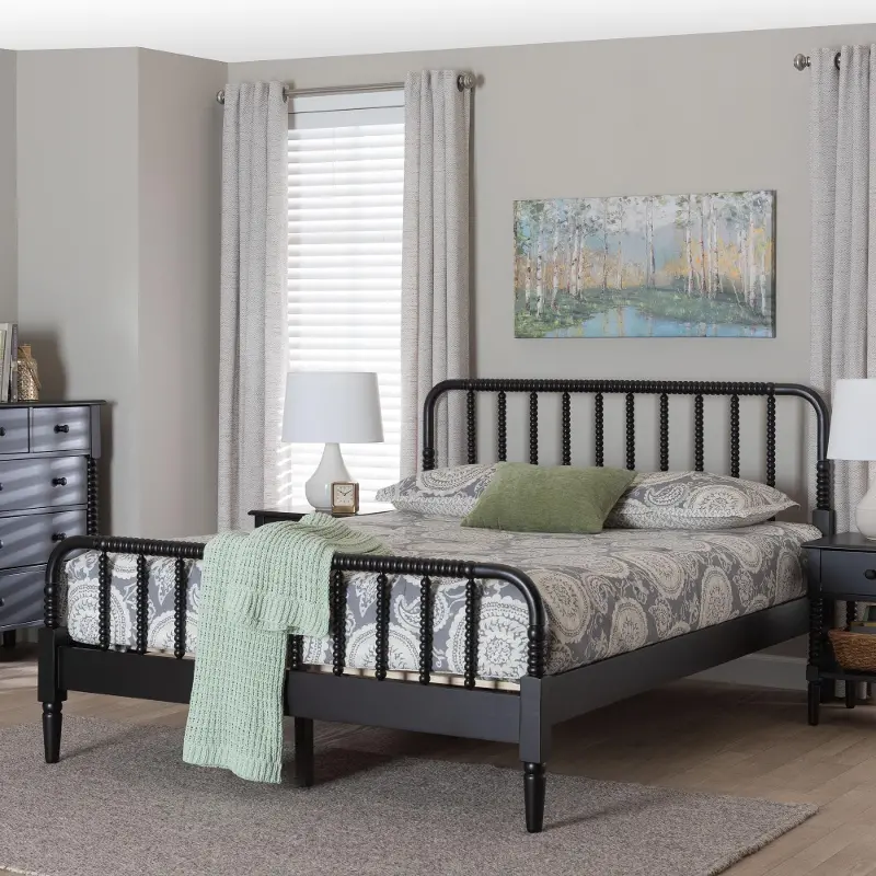 Welsh Black Spindle Wood Queen Platform Bed