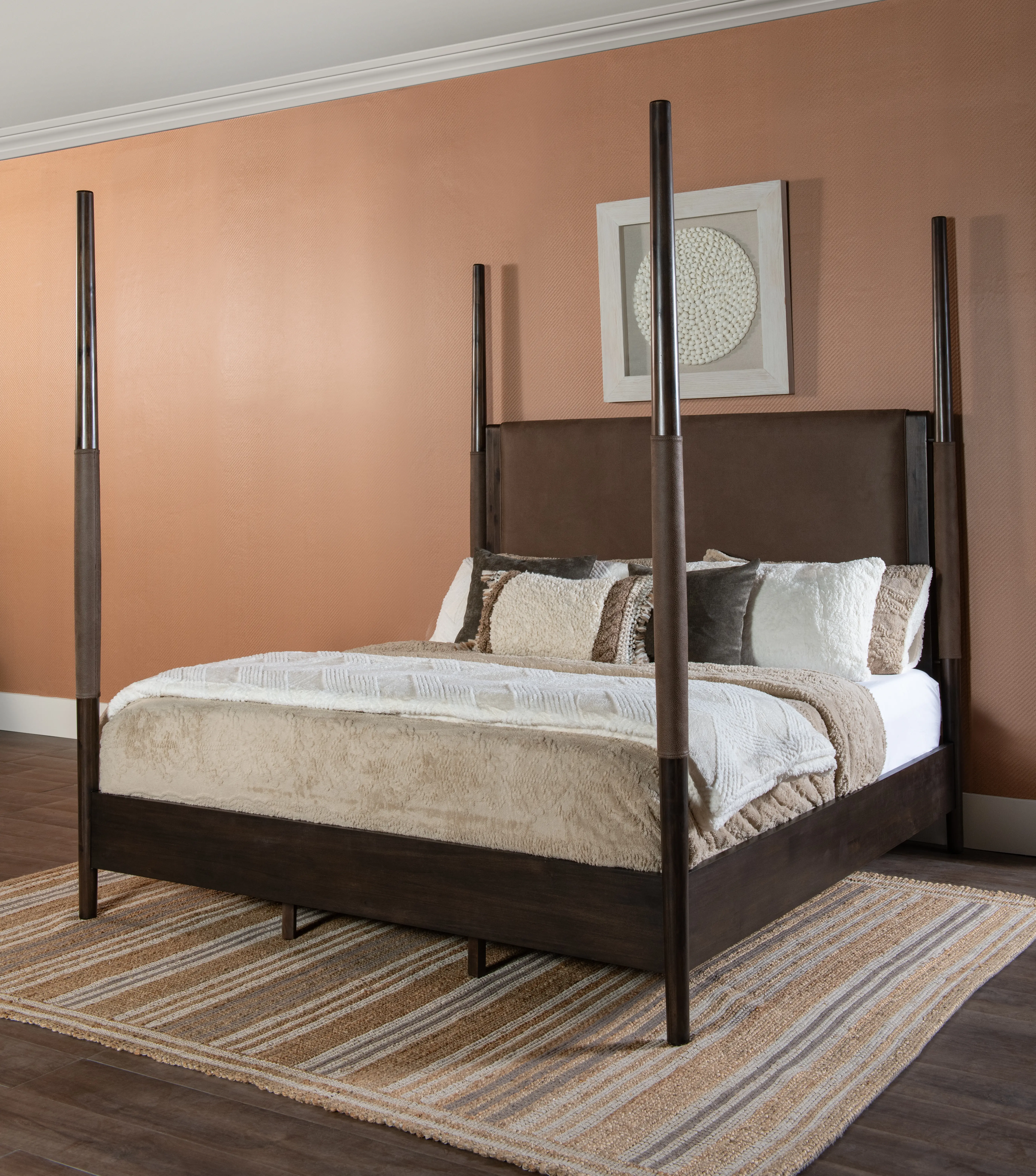 Koko Minx Brown Wood and Faux Leather Queen Poster Bed-2