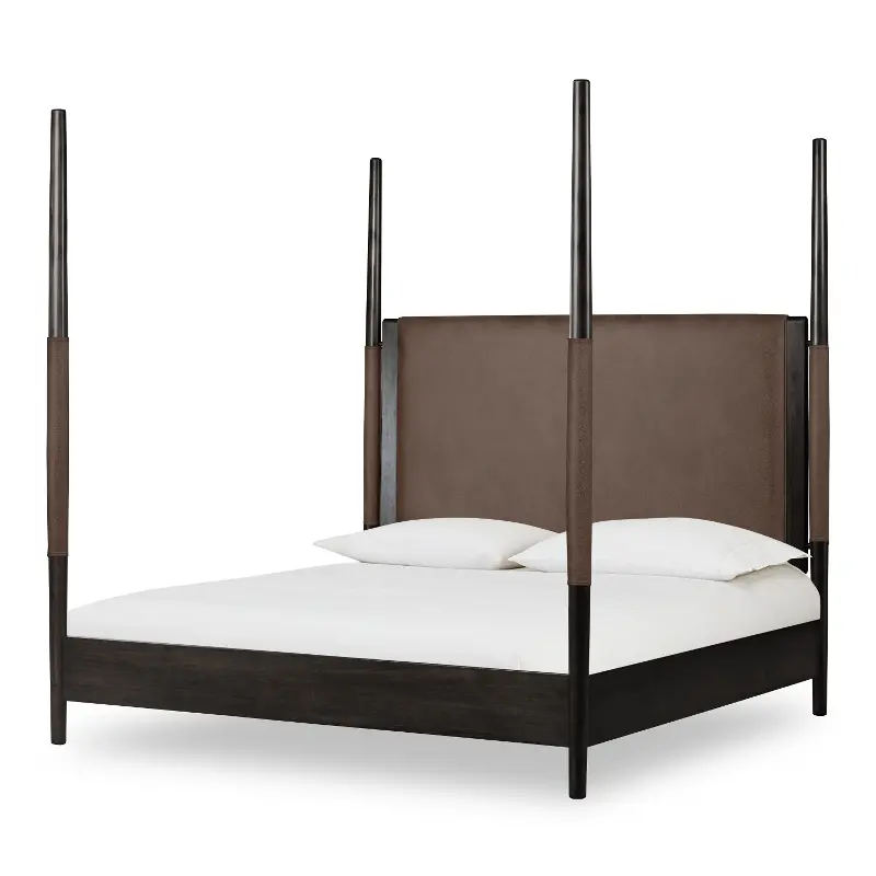 Koko Minx Brown Wood and Faux Leather King Poster Bed