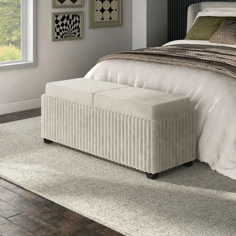 Cyrene White Chenille Storage Bench with 2 Tray Tops