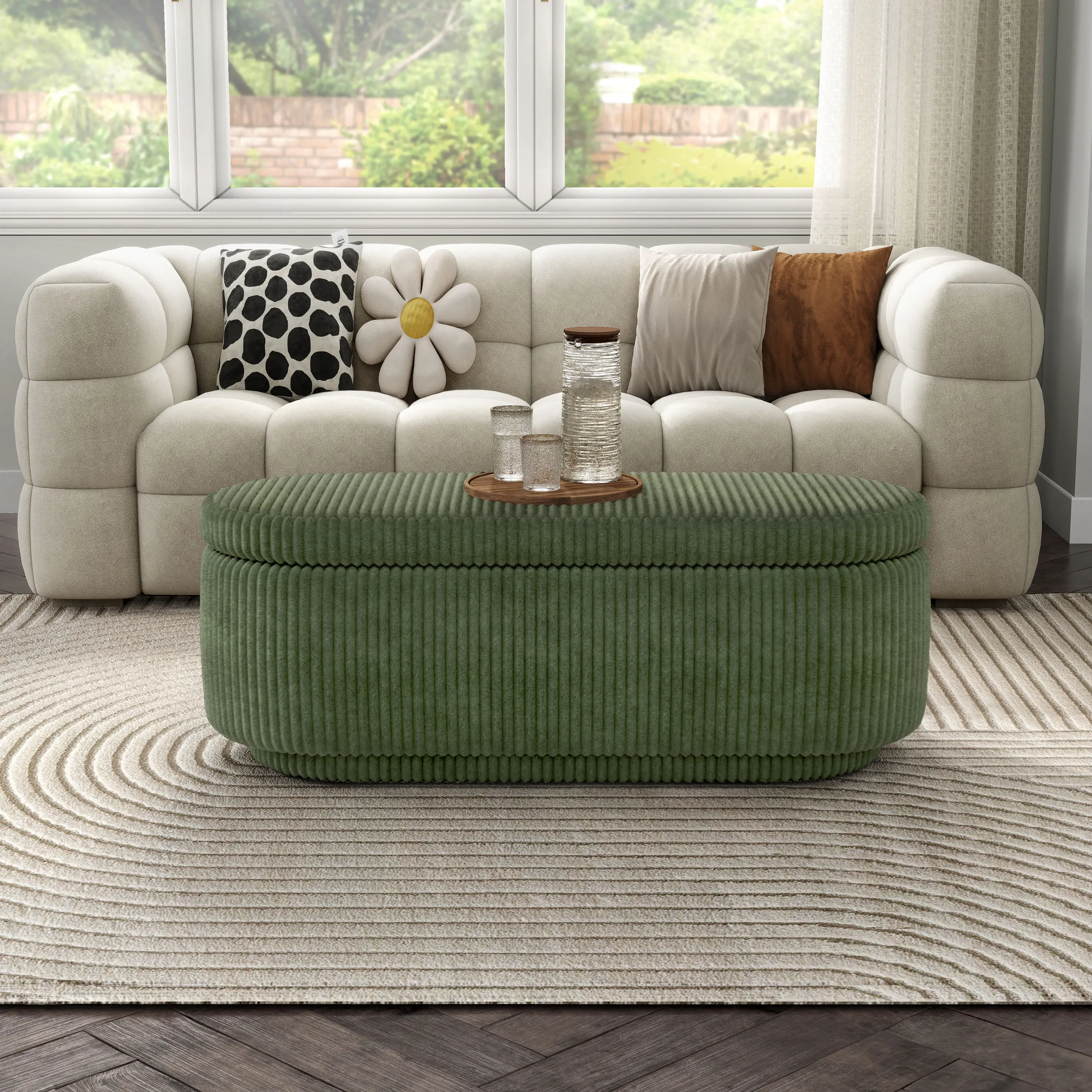 EC-BN2403GR Elyndra Green Chenille Oval Storage Bench-2