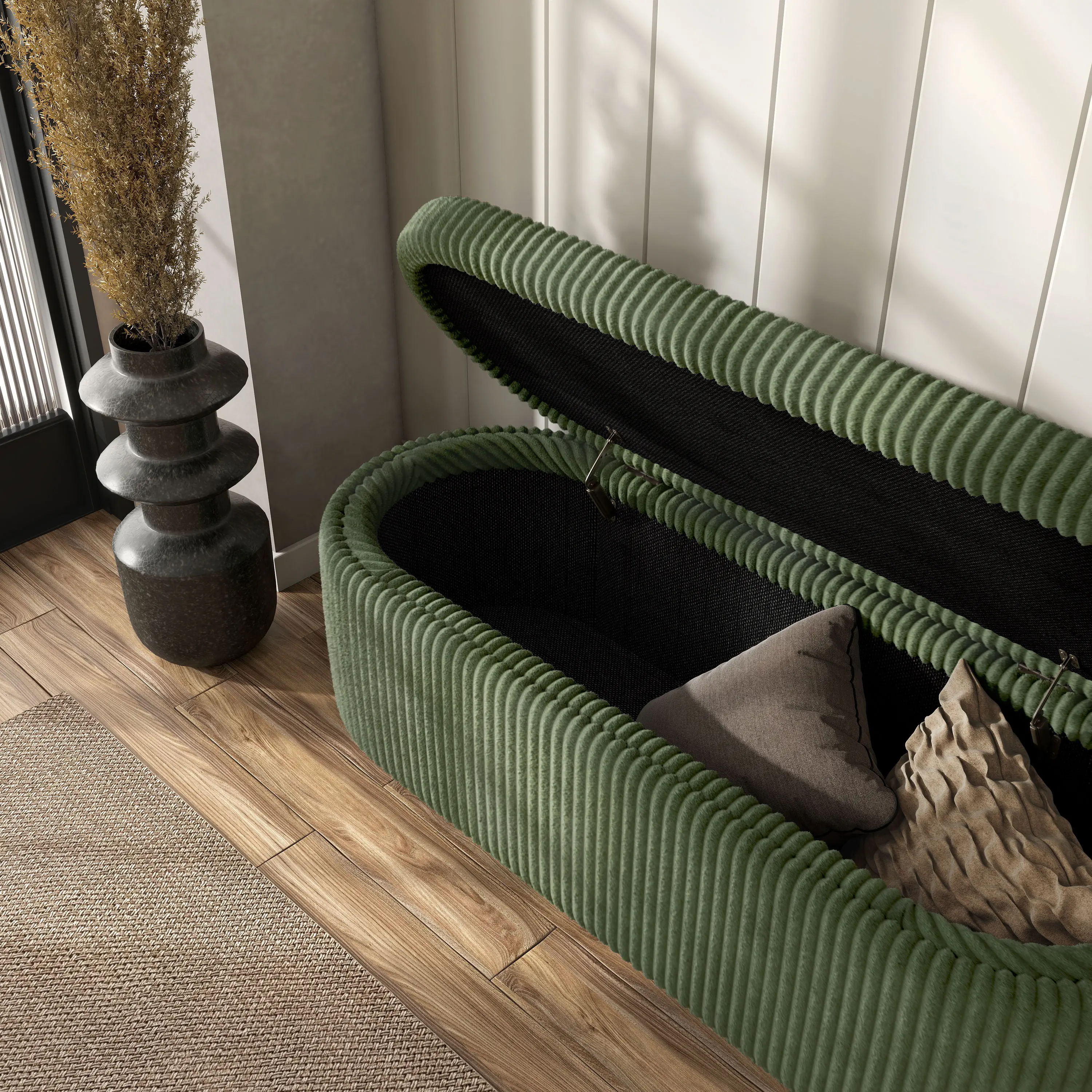 EC-BN2403GR Elyndra Green Chenille Oval Storage Bench-3