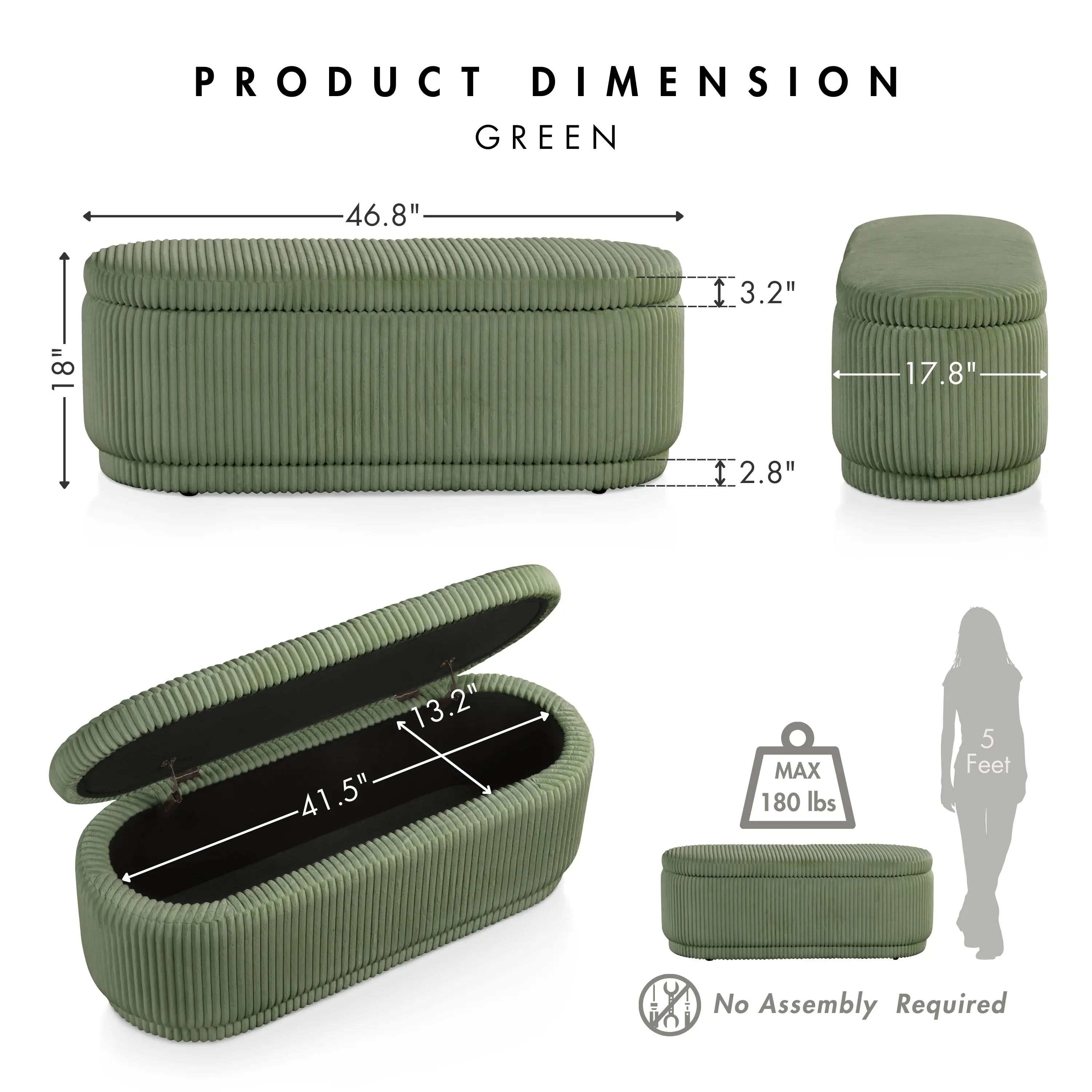 EC-BN2403GR Elyndra Green Chenille Oval Storage Bench-8