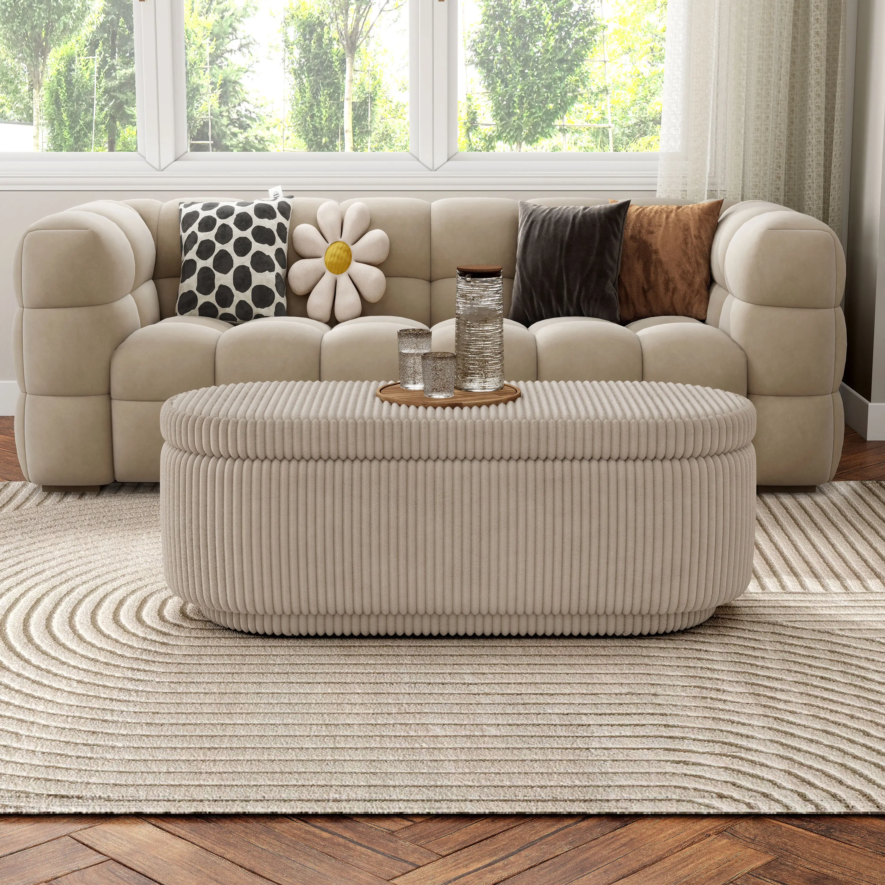 EC-BN2403PK Elyndra Beige Pink Chenille Oval Storage Bench-2