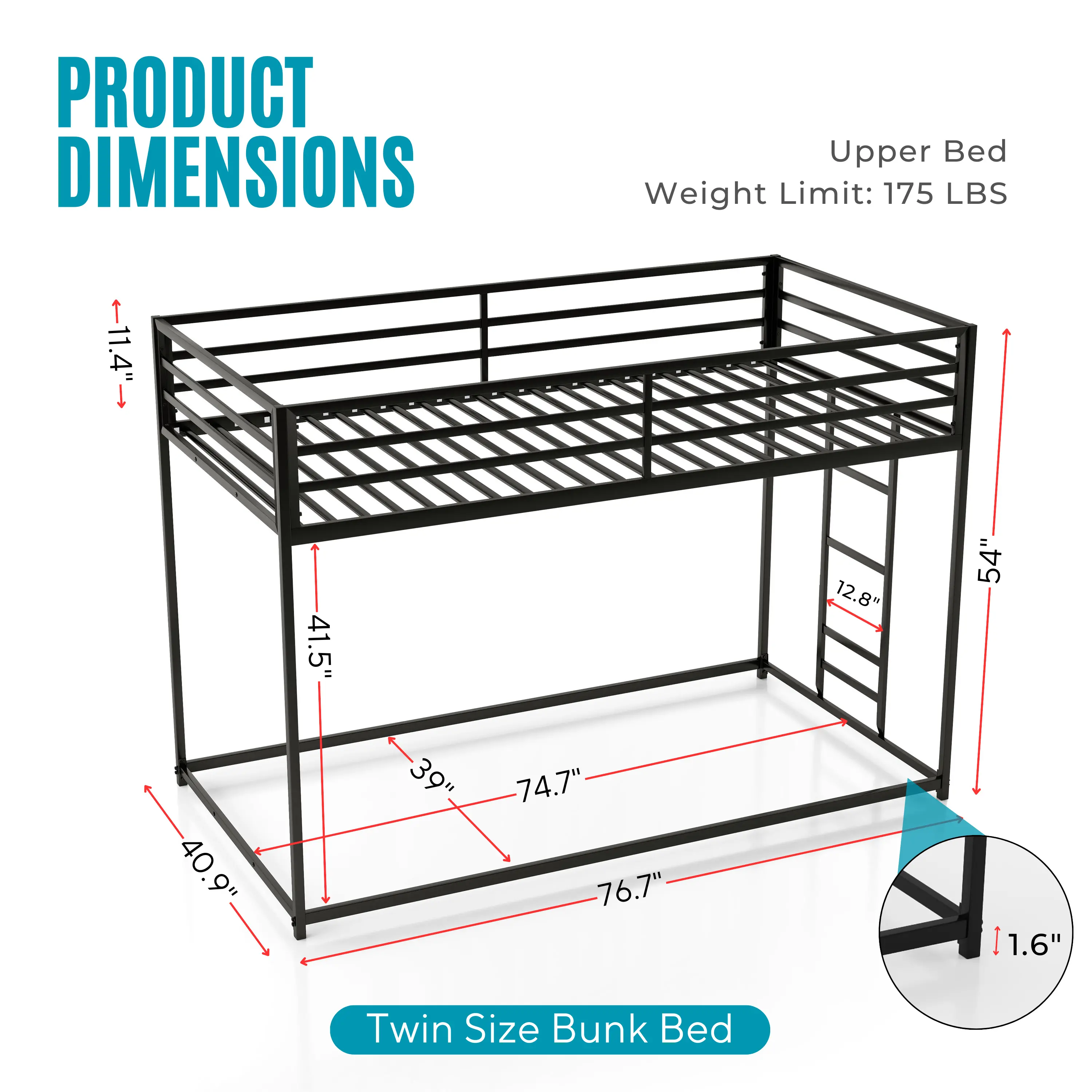 EC-BK701WH Jackson White Metal Twin over Twin Low Profile Bunk Bed-10