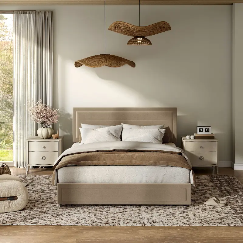 Jacinth Light Brown Velvet 4-Drawer Queen Platform Bed