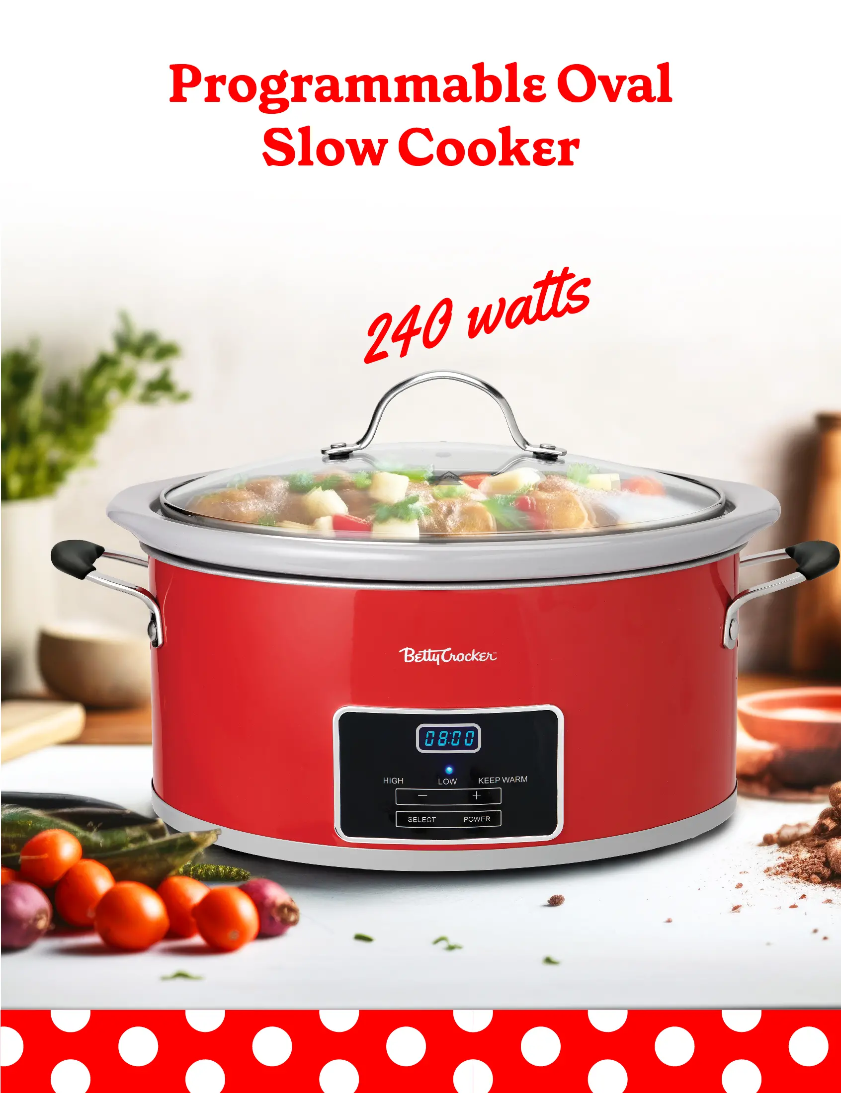 BC-4587R Betty Crocker 6 Qt Oval Digital Slow Cooker - Red-2