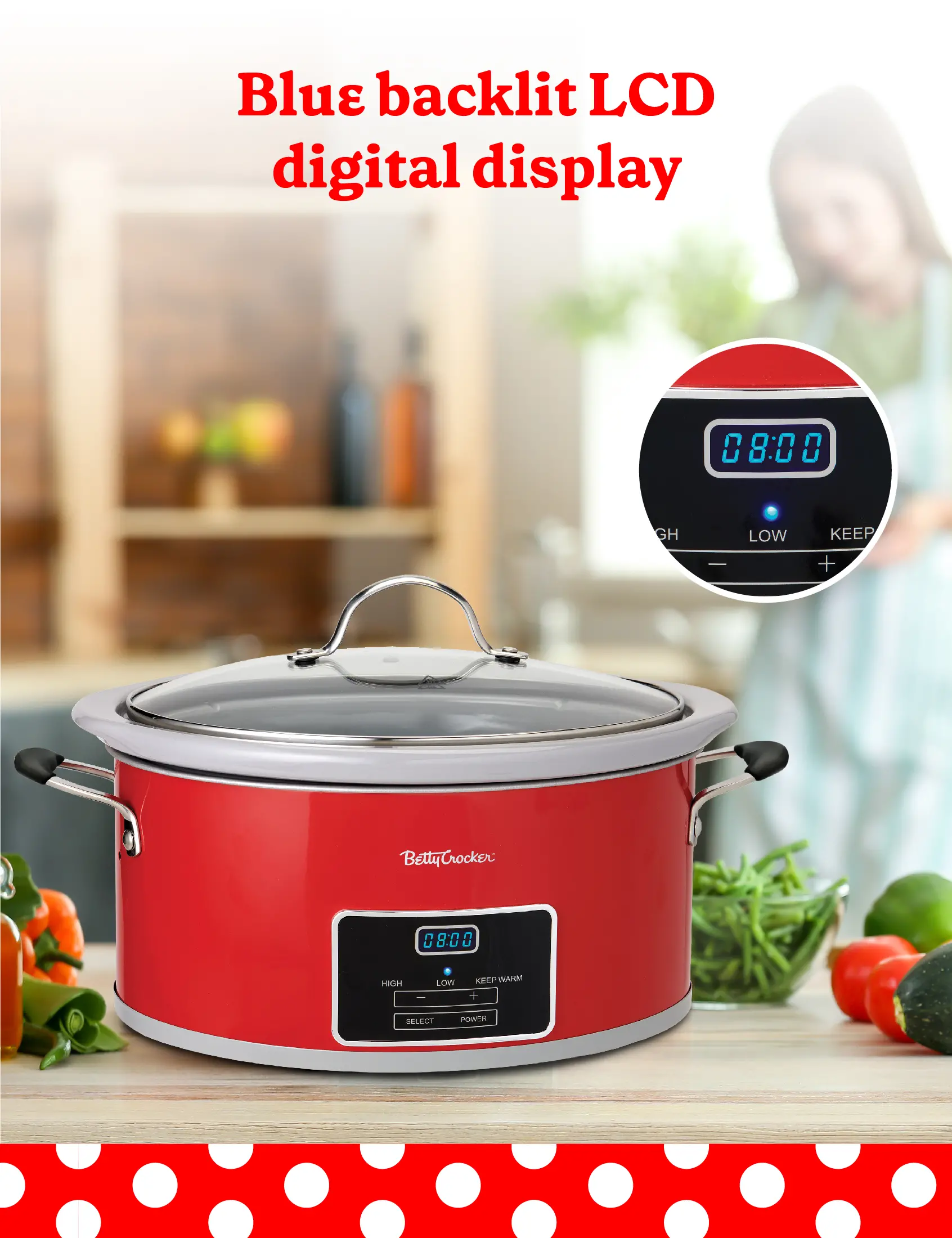 BC-4587R Betty Crocker 6 Qt Oval Digital Slow Cooker - Red-4
