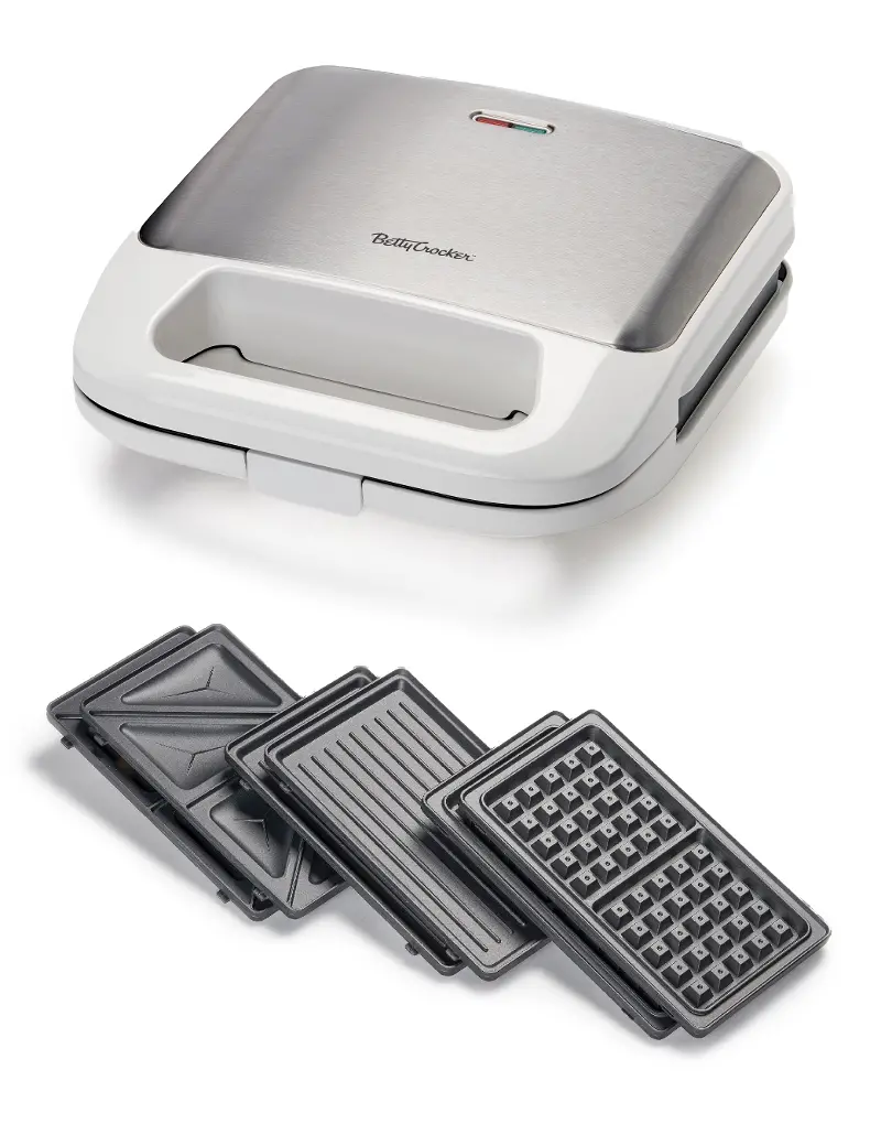 Betty Crocker 3-in-1 Indoor Grill, Sandwich, & Waffle Maker - White