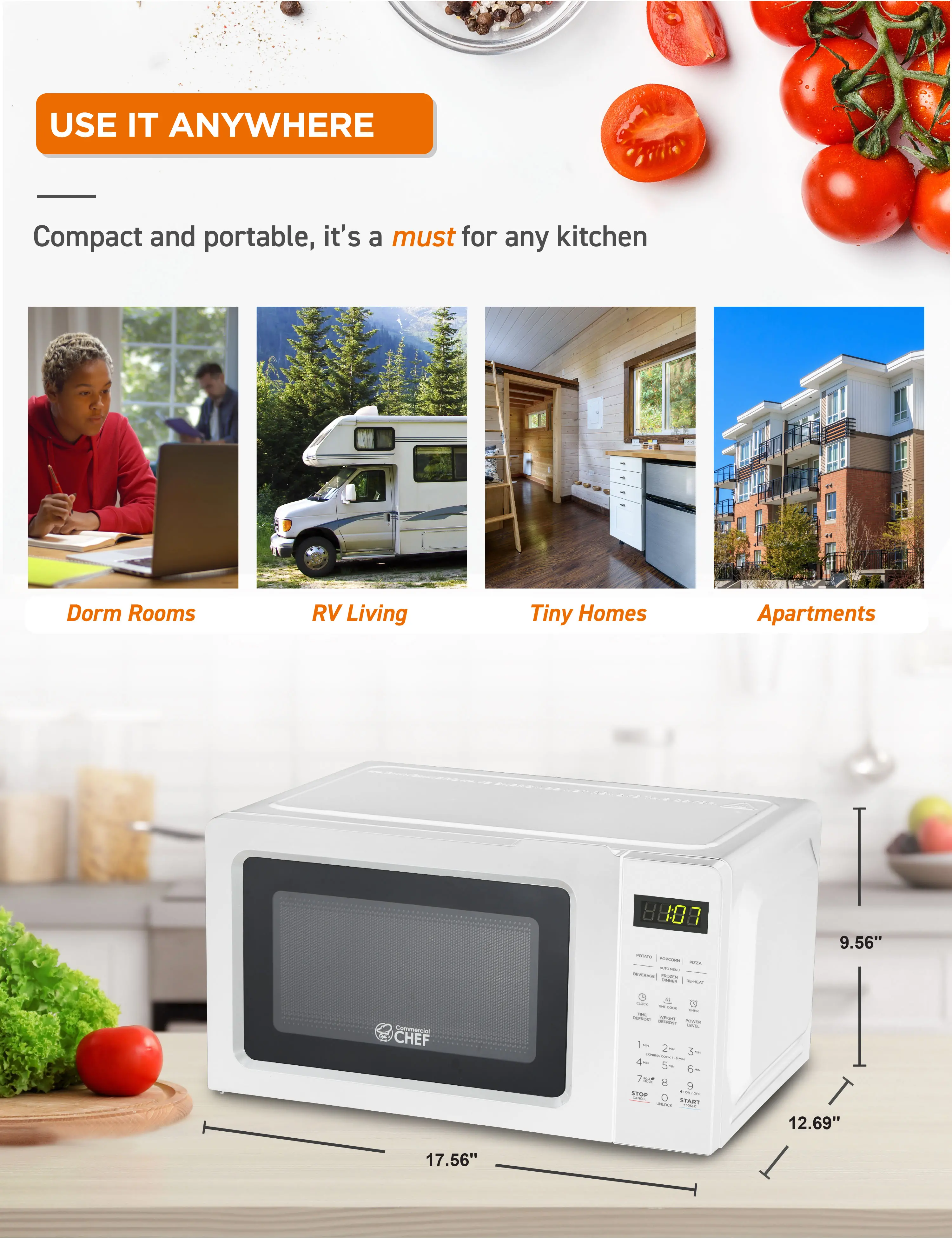 CHM770W Commercial Chef 0.7 Cu Ft Countertop Microwave - White-7