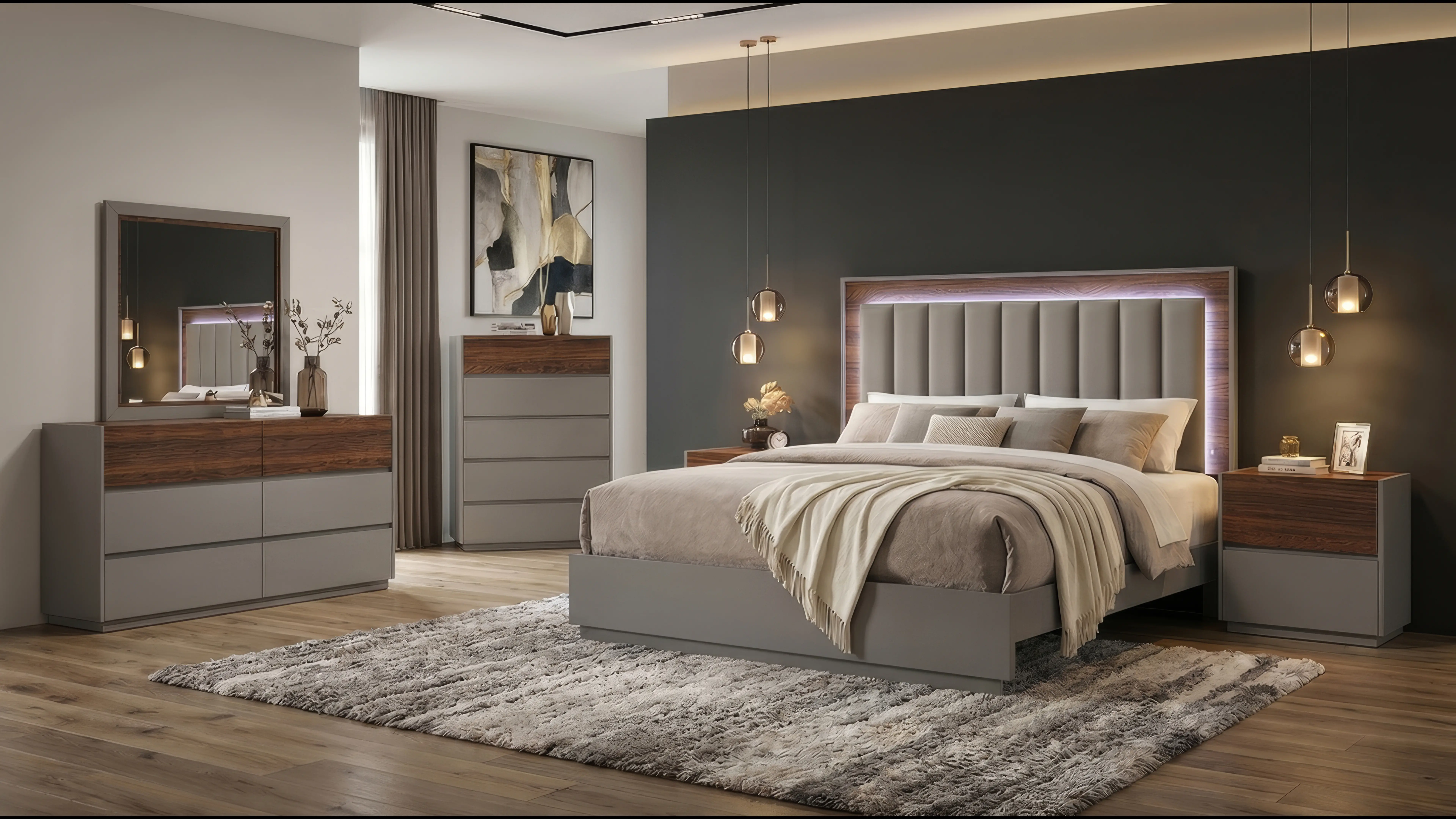 Jett Gray and Brown LED Queen Bed-1