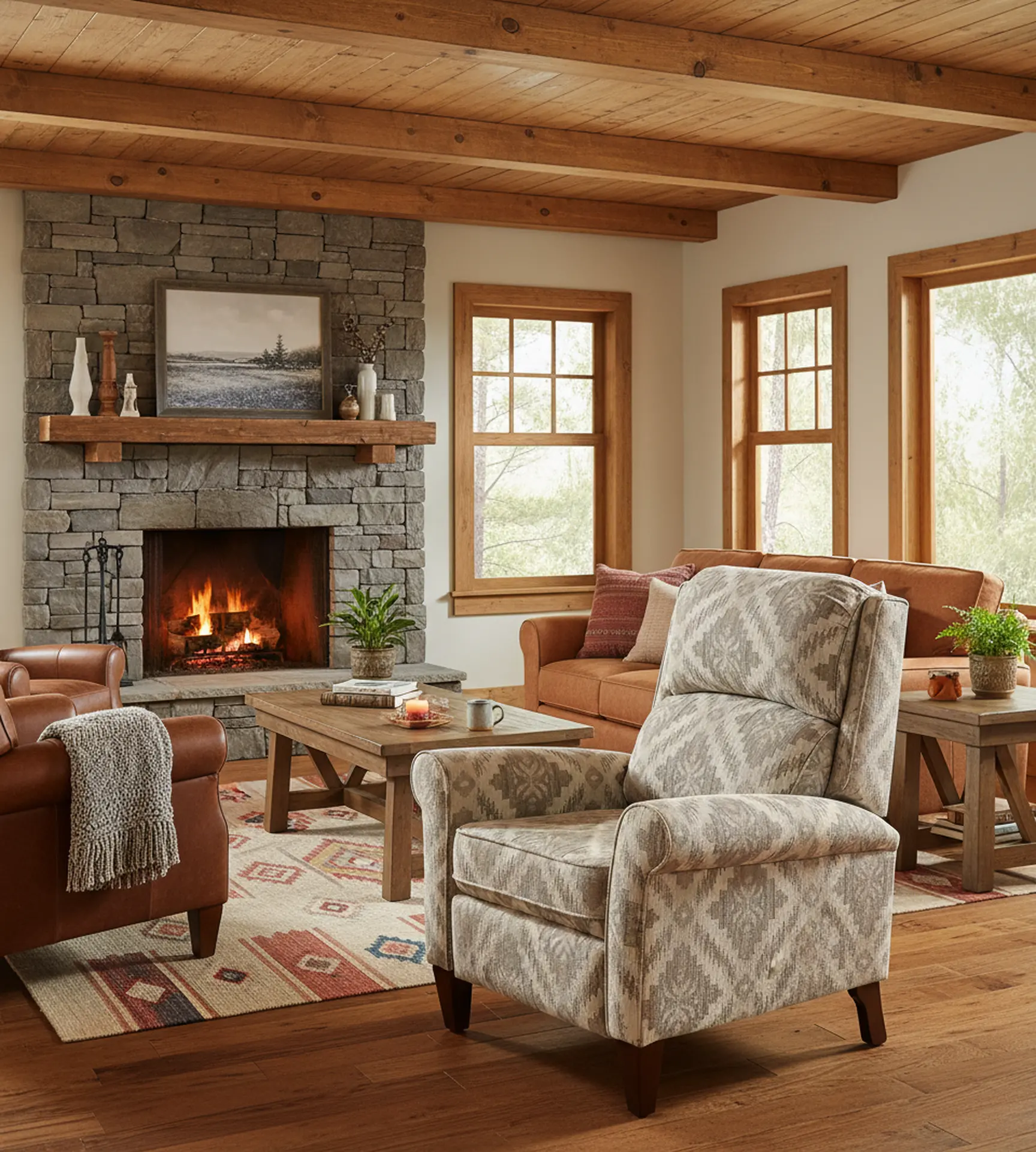 Kenzie Gray and Beige Patterned Push Back Recliner-10