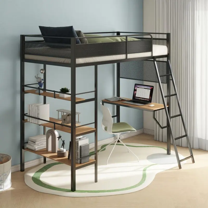 Campus Black Metal Twin Loft Bed with Built‑In Workstation