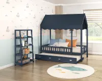 Skylar Navy Blue Twin Canopy Bed with Trundle