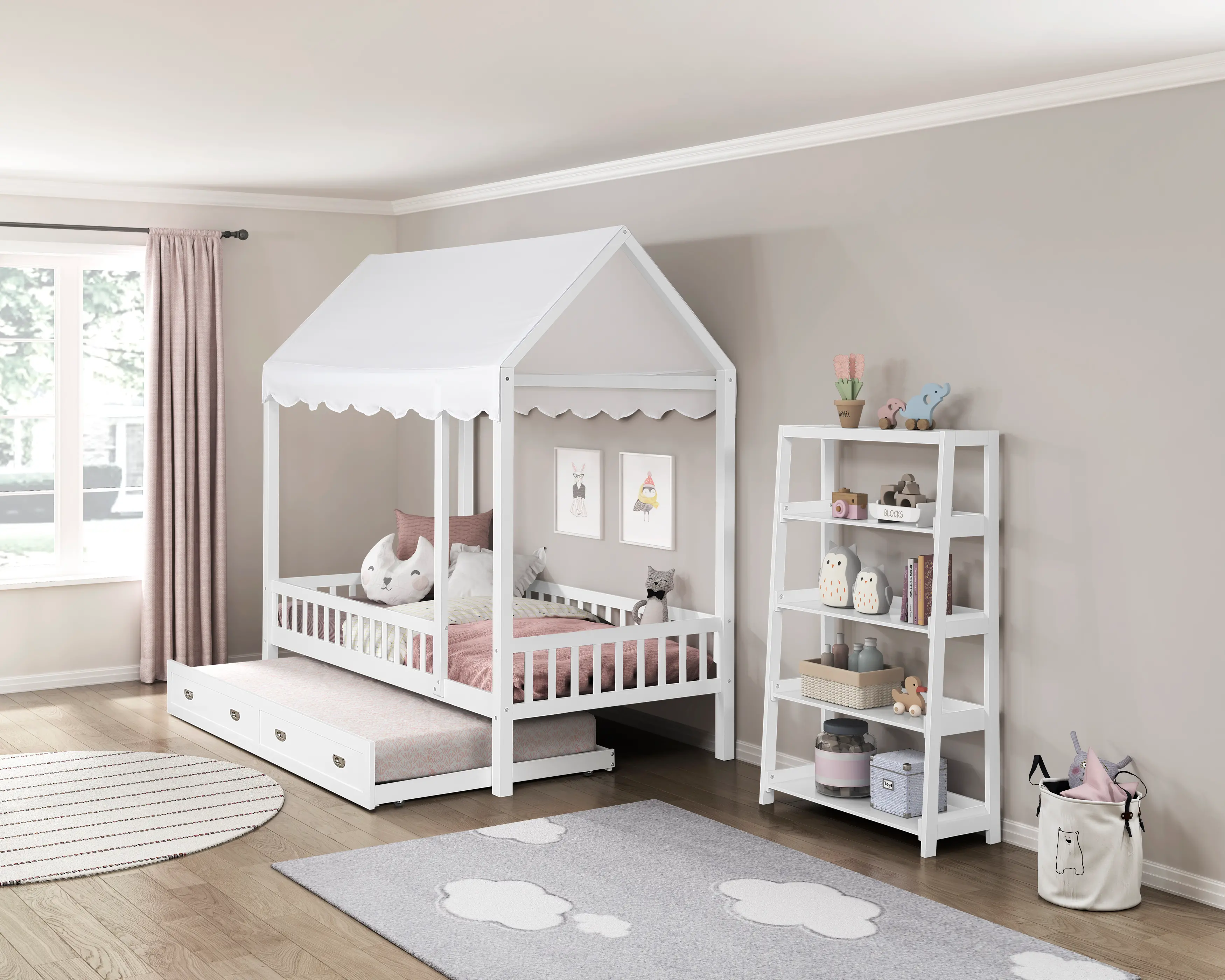 Skylar White Twin Canopy Bed with Trundle-1