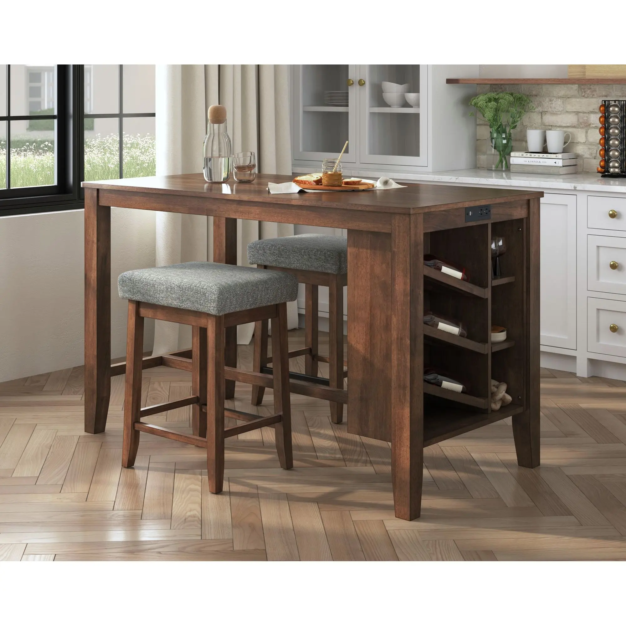 Santa Barbara Walnut Island with 2 Dark Gray Bar Stools-2