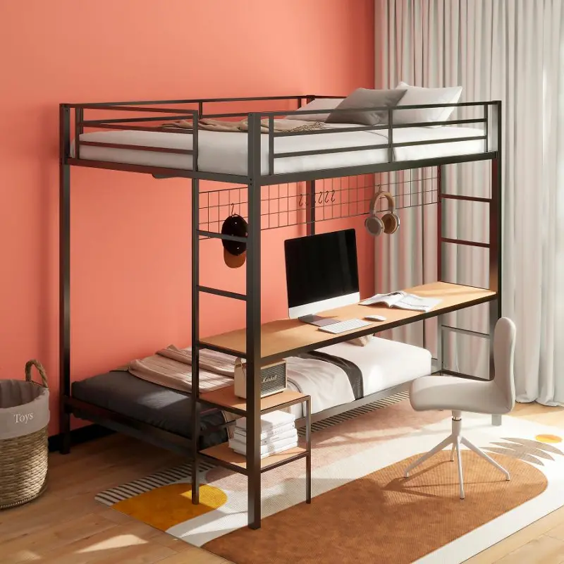Bettoni Black Metal Full‑Over‑Twin Loft Bunk Bed with Built‑In Workstation