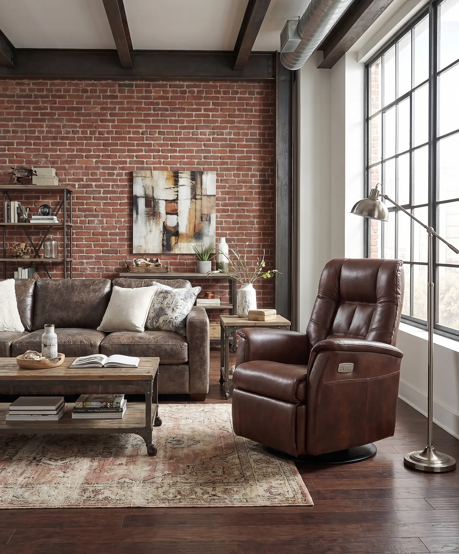 Boston Truffle Brown Leather Standard Swivel Glider Power Recliner-2