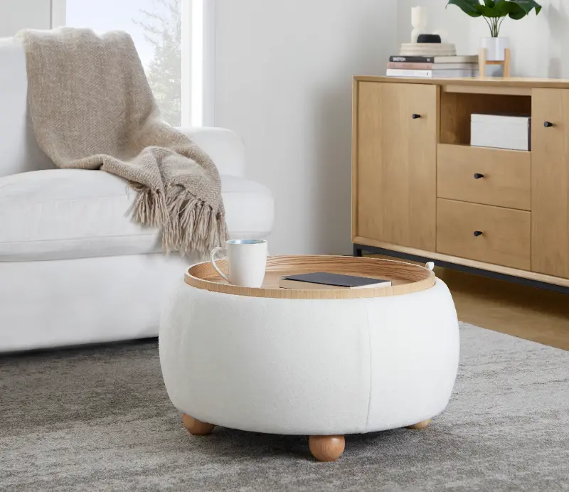 Tray White Pouf Storage Ottoman