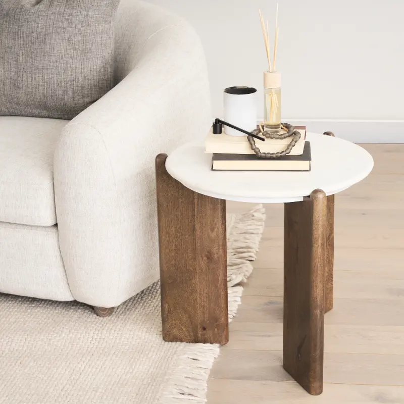 Rumer Marble and Dark Brown Wood Side Table
