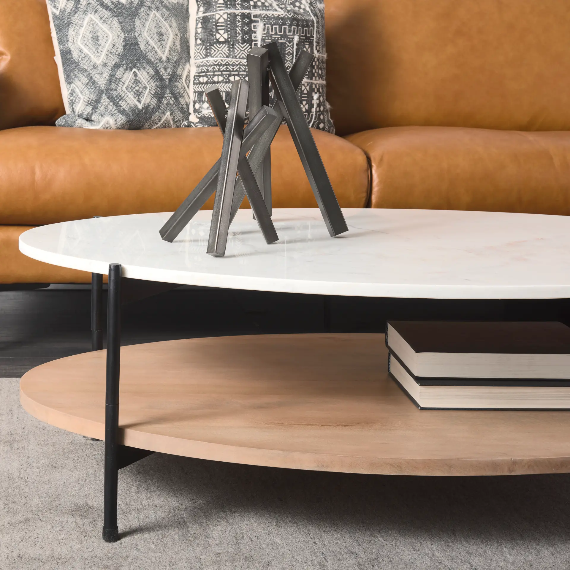 Larkin White Marble and Light Brown Coffee Table-3