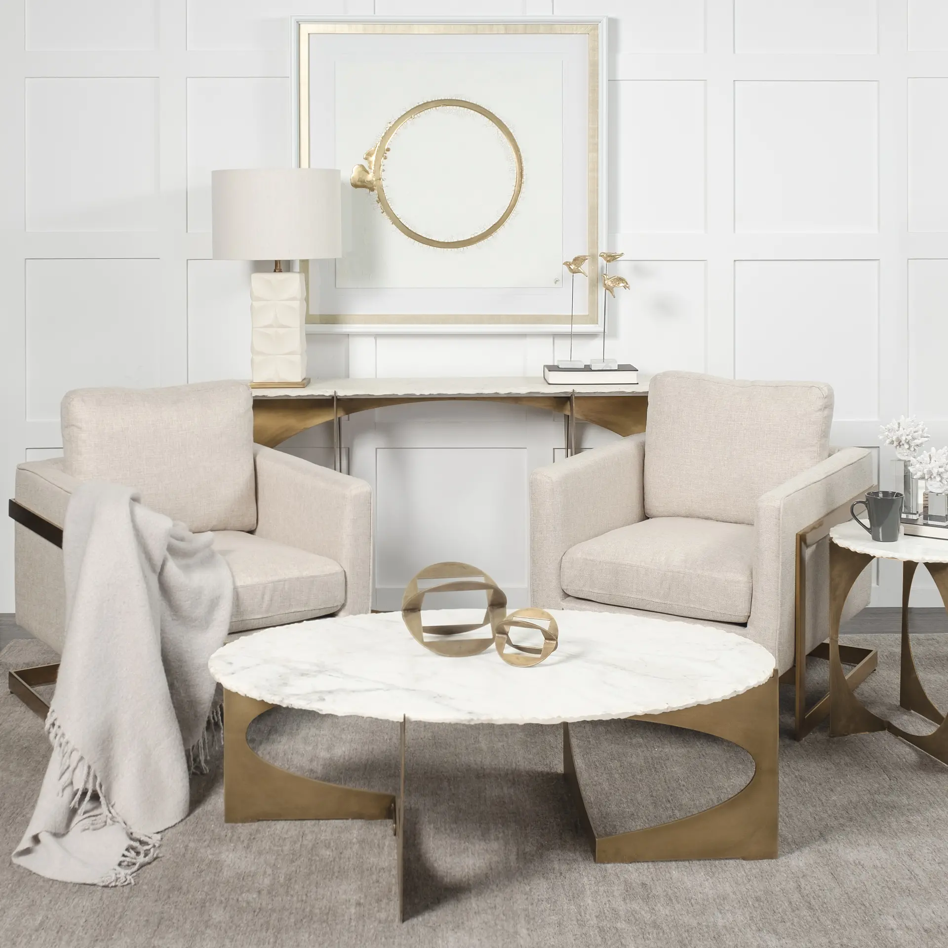 Reinhold White Marble and Gold Metal Coffee Table-2