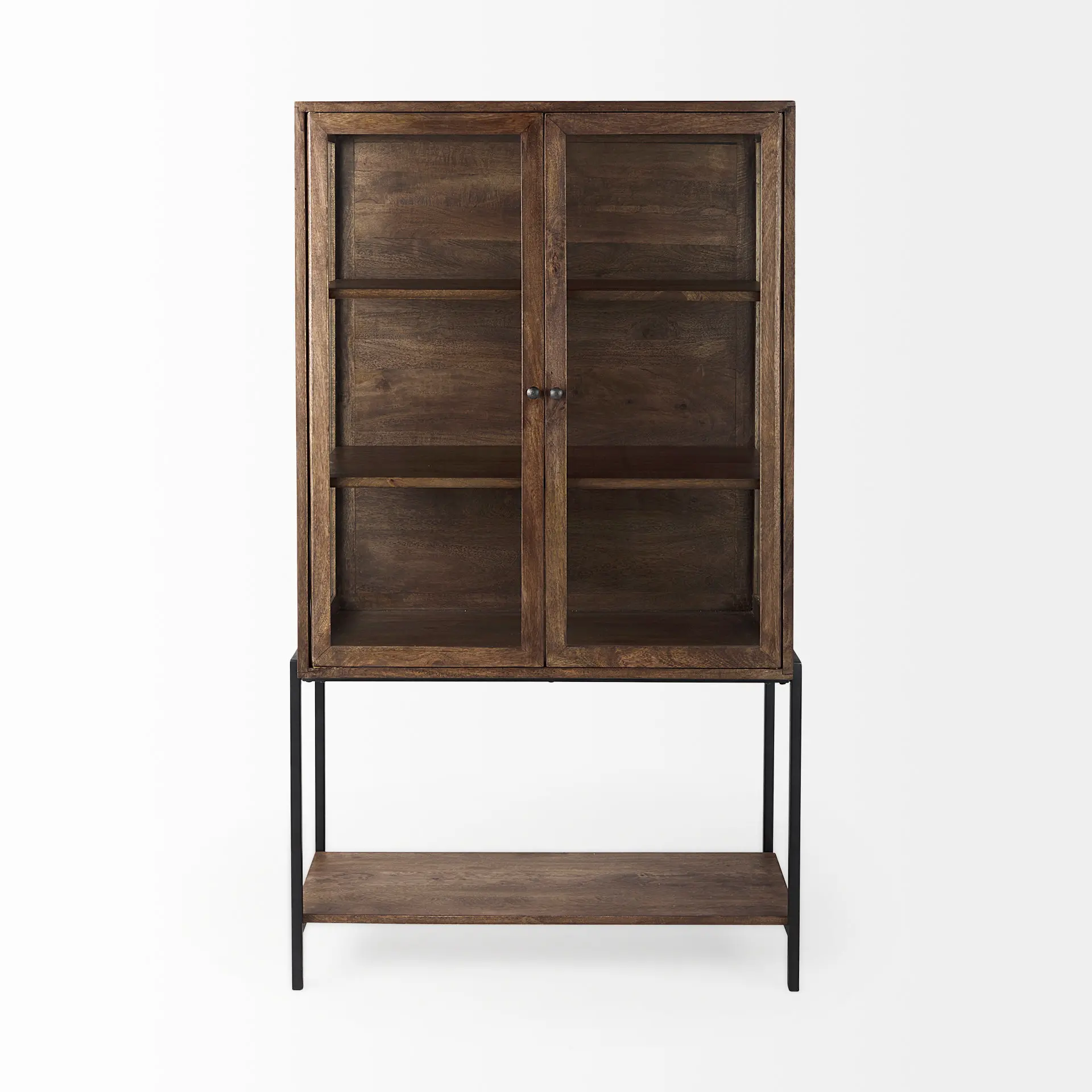 Arelius Dark Brown Wood with Black Metal Base Display Cabinet-1
