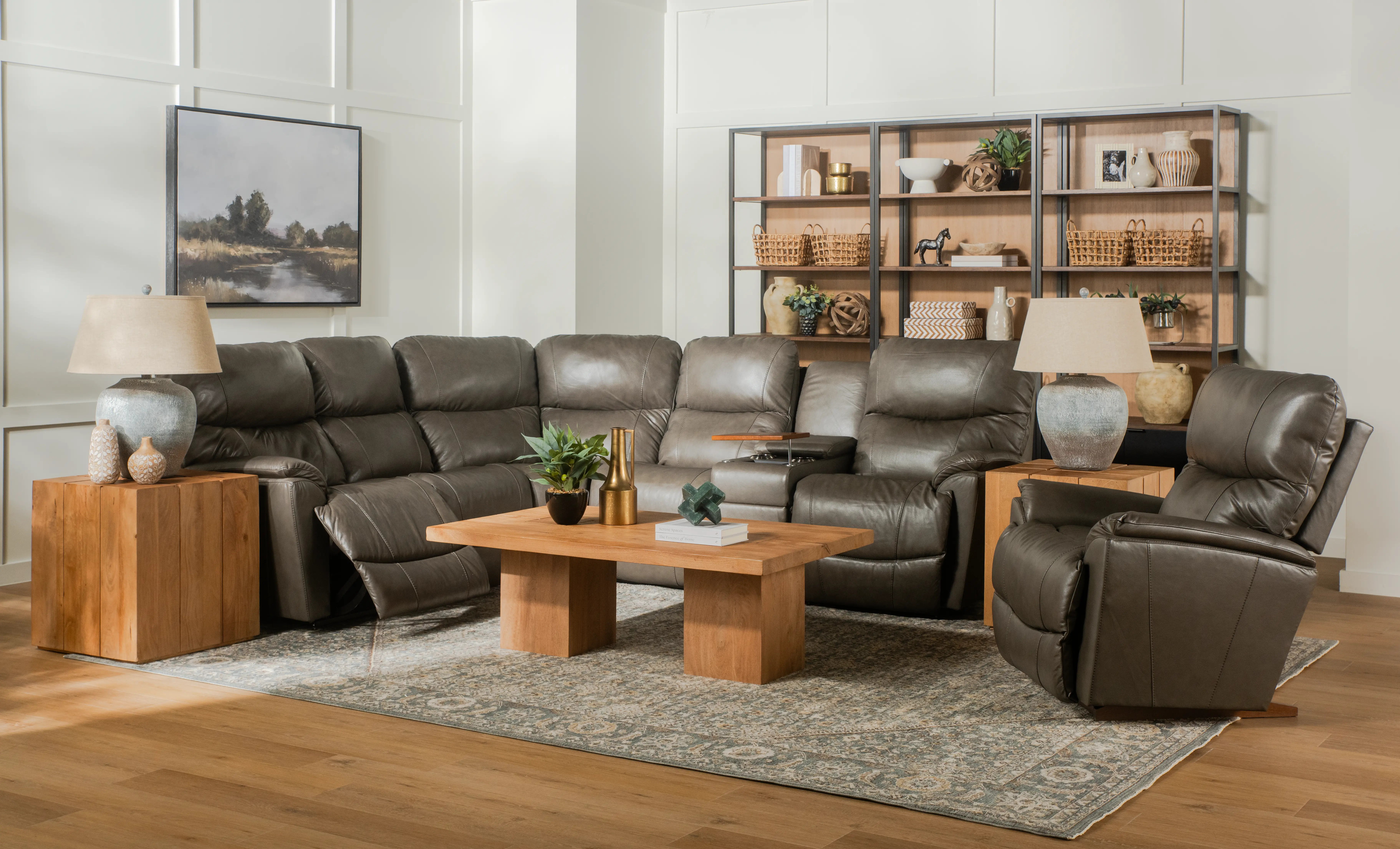6PC/MAN/TROUPER/GRY Trouper Gray Leather 6-Piece Manual Reclining Sectional-2