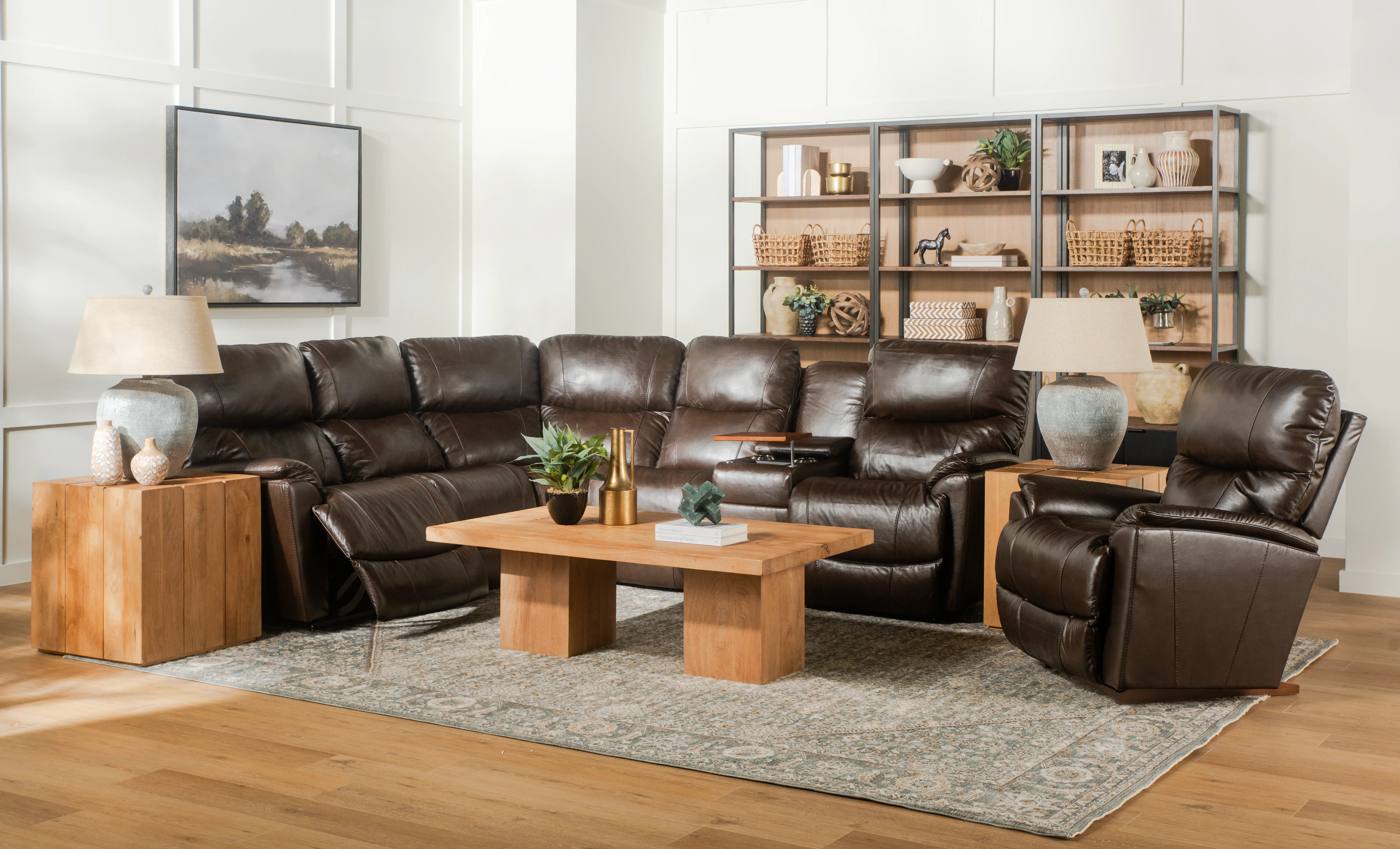 6PC/MAN/TROUPER/WALNUT Trouper Walnut Brown Leather 6-Piece Manual Reclining Sectional-2