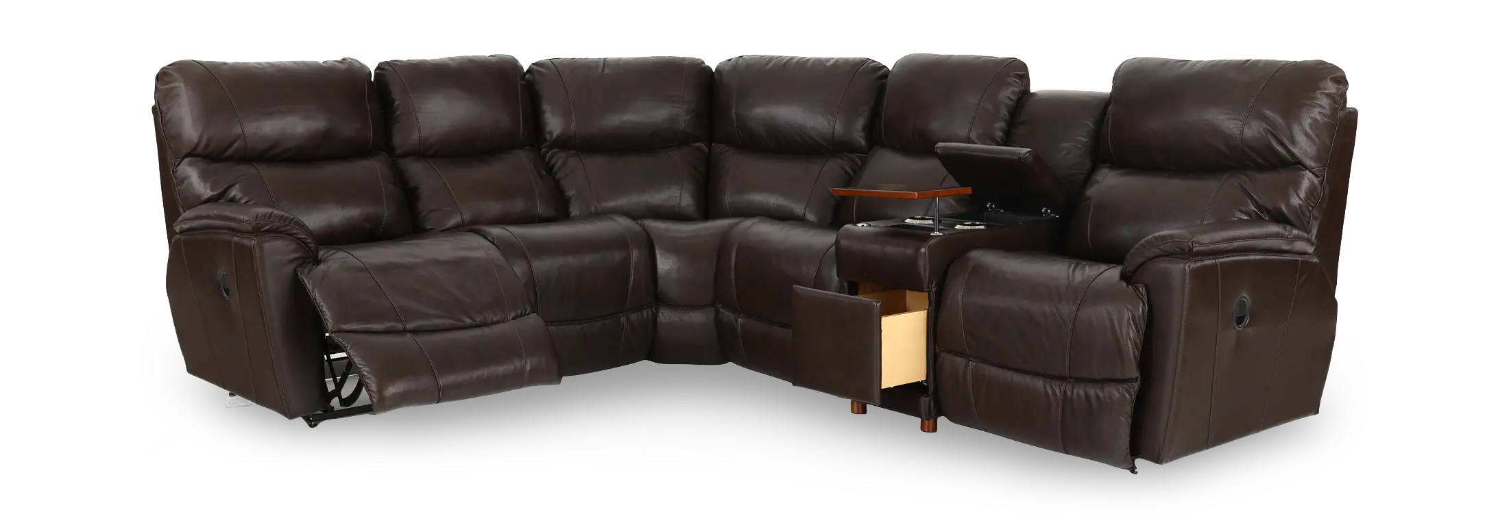 6PC/MAN/TROUPER/WALNUT Trouper Walnut Brown Leather 6-Piece Manual Reclining Sectional-4