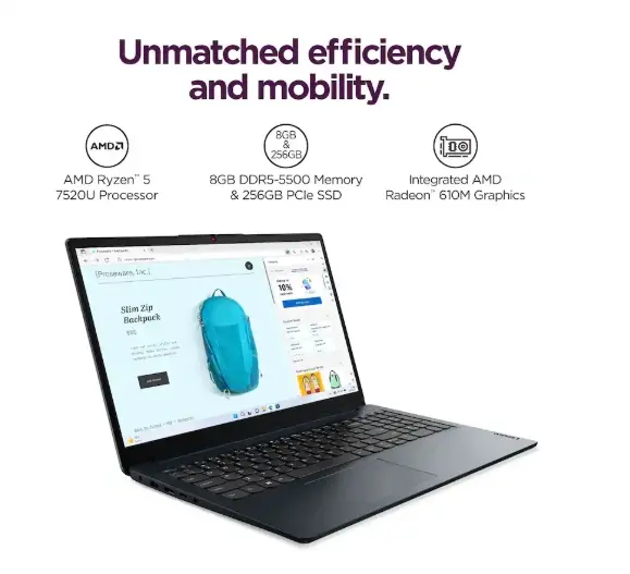 Lenovo Blue IdeaPad 1 15.6  Laptop with AMD Ryzen 5-10