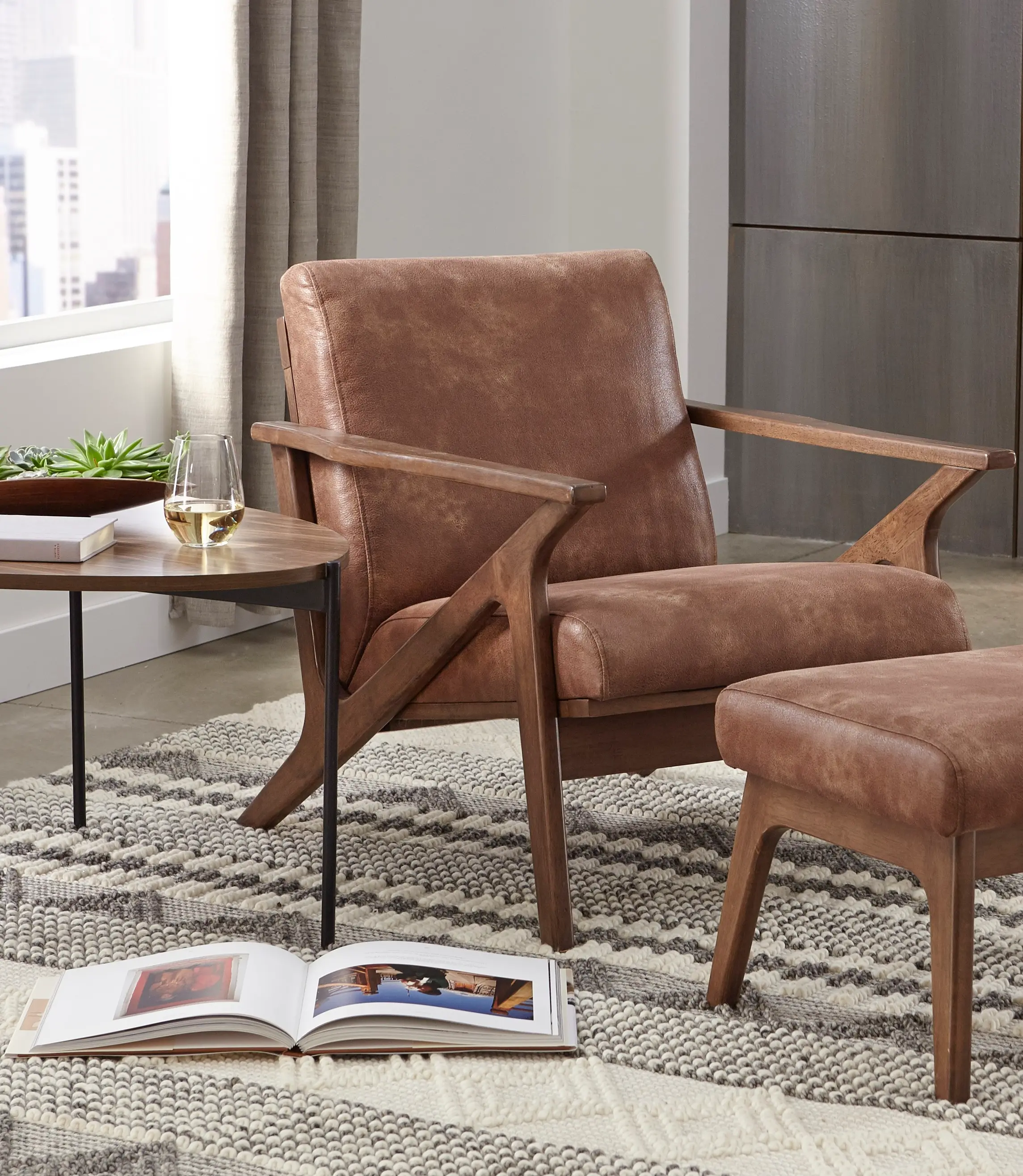 Angelo Camel Brown and Walnut Vegan Leather Armchair-2
